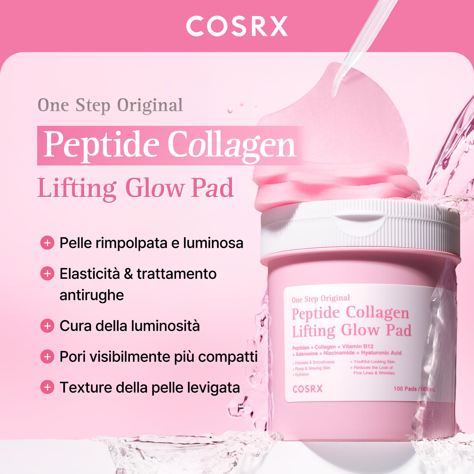 COSRX One Step Original Peptide Collagen Lifting Glow Pad, 100 Pads, Firming & Plumping Toner Pads for Makeup Prep with Peptides, Collagen, Niacinamide, Anti-Ageing Korean Skincare