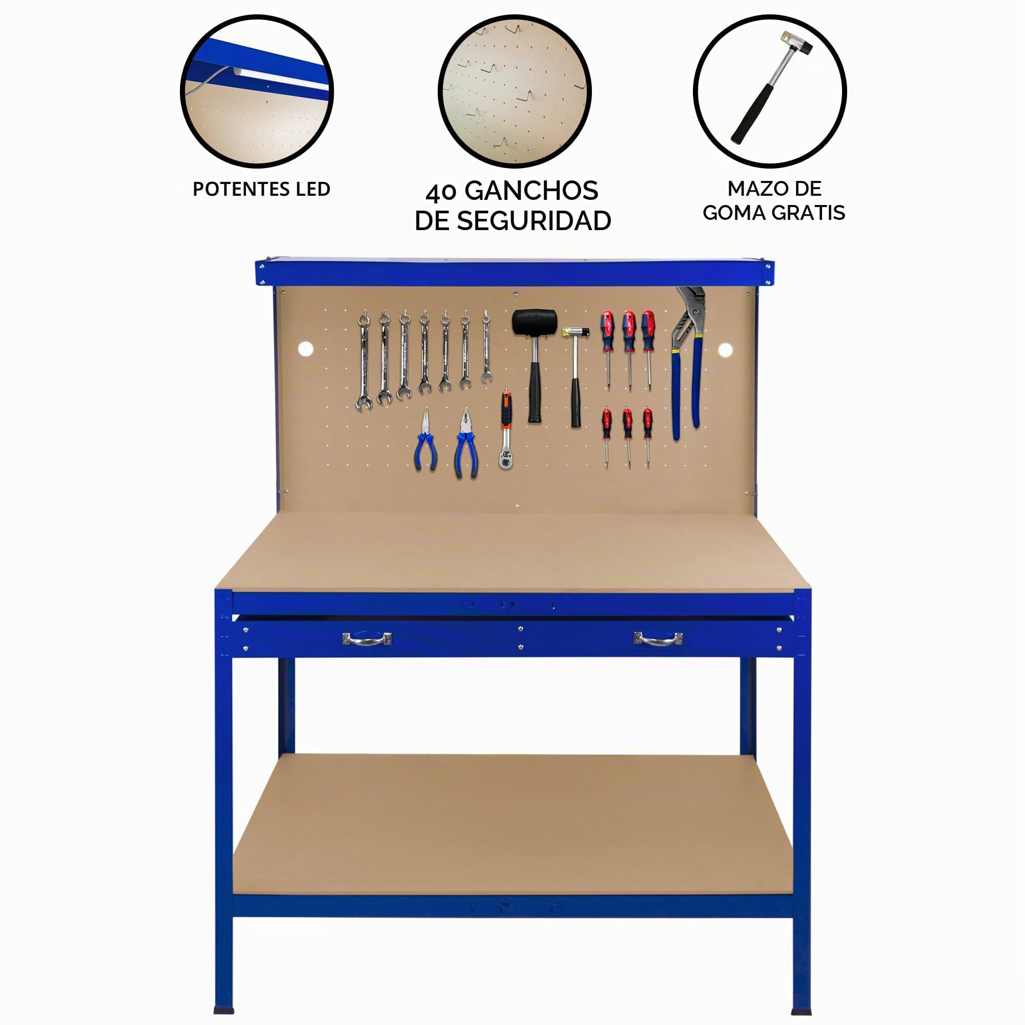Banco de Trabajo Azul con Tablero de Clavijas,Cajón+Luz LED, Mesa de Trabajo Estantes Taller Garaje Bricolaje Almacenamiento Herramientas Capacidad Peso 370kg | 40 Ganchos+Mazo de Goma | 60x155x120cm
