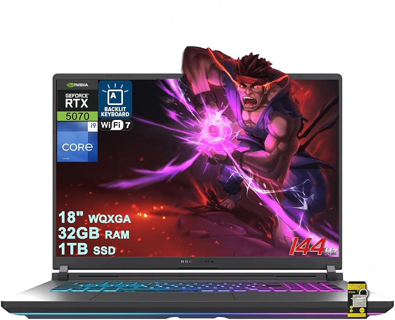 ROG Strix G18 G815 Gaming AI Laptop 18" WUXGA 144Hz (100% sRGB, 3ms) Intel 24-core i9-14900HX 32GB DDR5 1TB SSD GeForce RTX 5070 GDDR7 (Up to 798 AI Tops) RGB Backlit WiFi7 Win11 ICP Hub