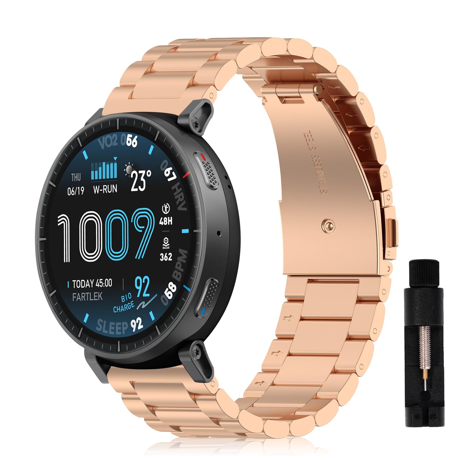 Strap For Amazfit Active Max/Balance 2 1/Bip 6 5 5Unity/T-Rex 3 3Pro, Metal Stainless Steel Band For Amazfit GTR 4 3 3Pro/Cheetah/Cheetah Pro/Stratos 3 2 2s Men Women, Rose gold
