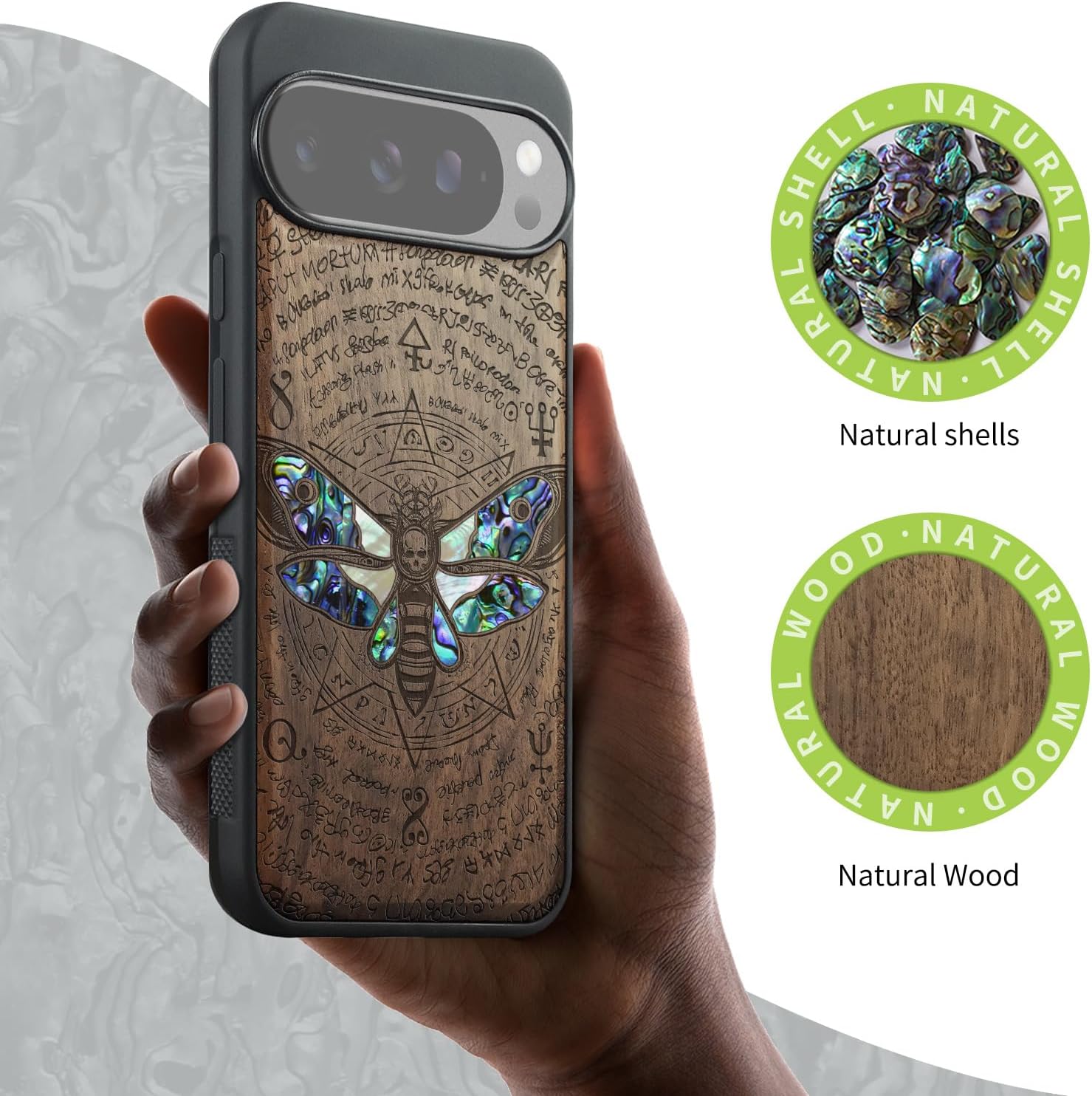 Carveit Magnetic Wooden Case for Pixel 10 / Pixel 10 Pro Case, Wood Artisan Engraved & Handmade Shell Inlaid, Compatible with MagSafe Wireless Chargers, Death's Head Moth - Walnut