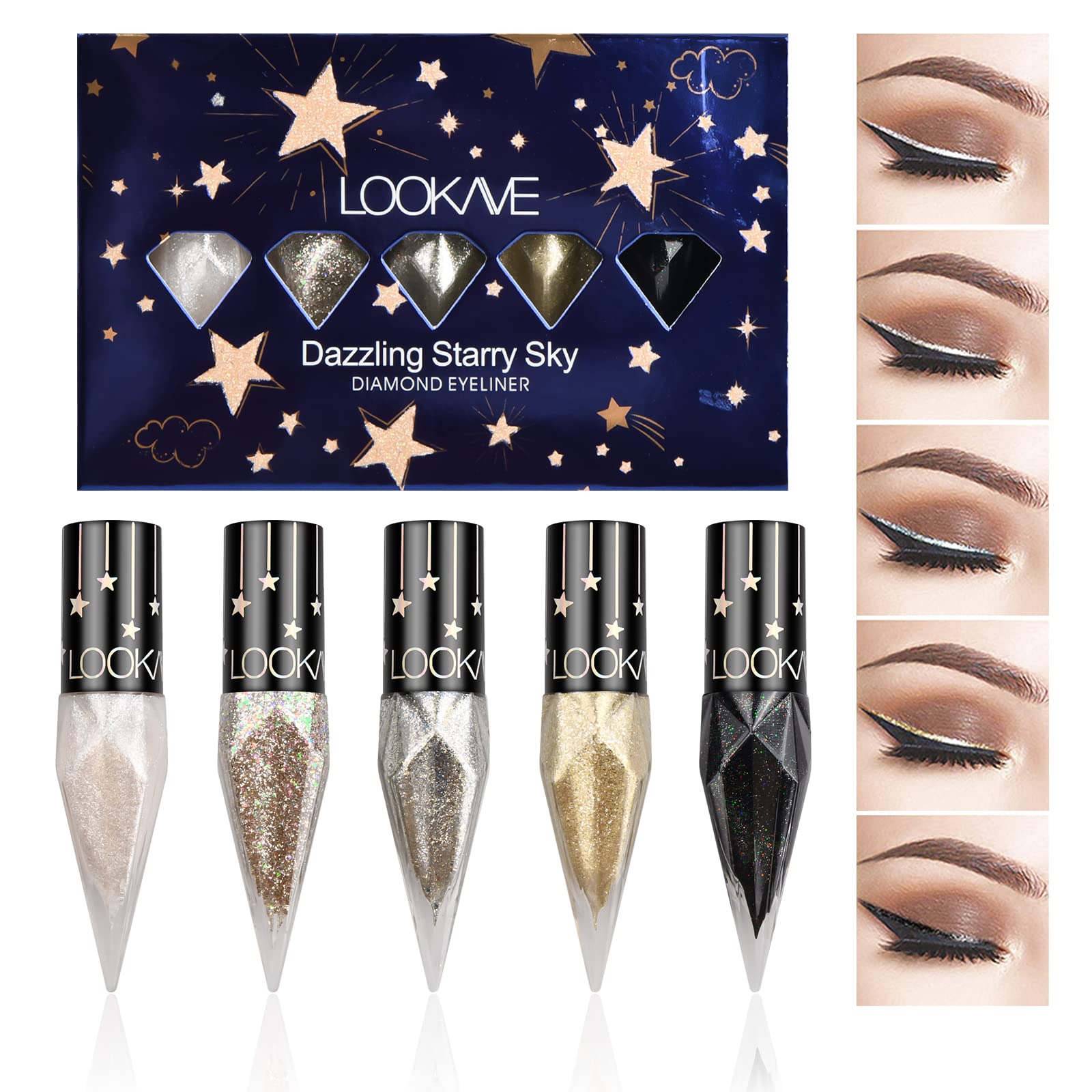 5 Colores Delineador de Ojos Líquido Brillo, Liquid Glitter Eyeliner, Delineador Purpurina Sombra de Ojos Brillantes, Impermeable Eyeliner de Colores para Maquillaje Fiesta Festival Larga Duración (B)