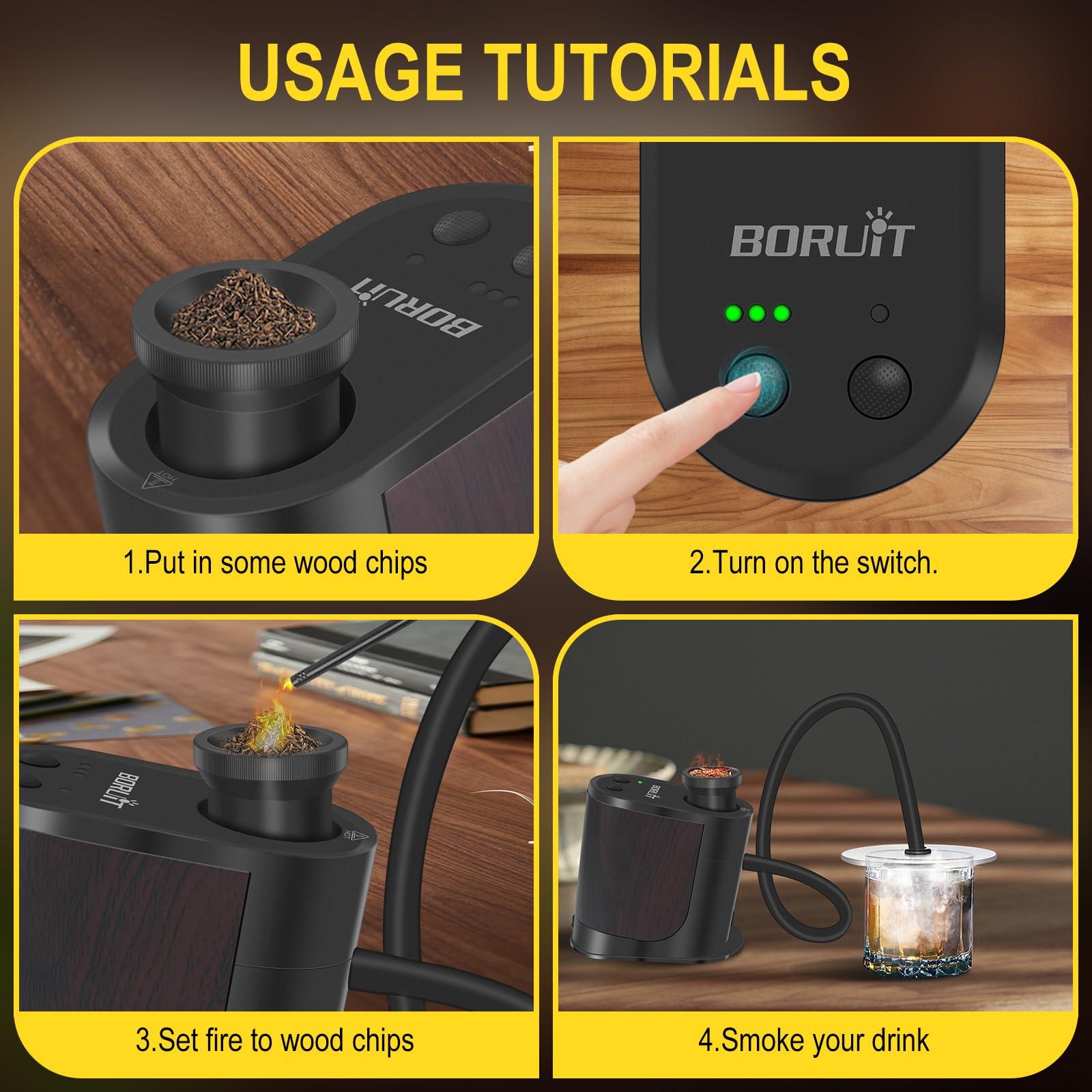 BORUIT Kit per affumicatore per cocktail, ricaricabile, regolabile, con 3 impostazioni, spegnimento automatico e 4 sapori, trucioli di legno con kit vecchio stile affumicato, regalo per uomini, papà