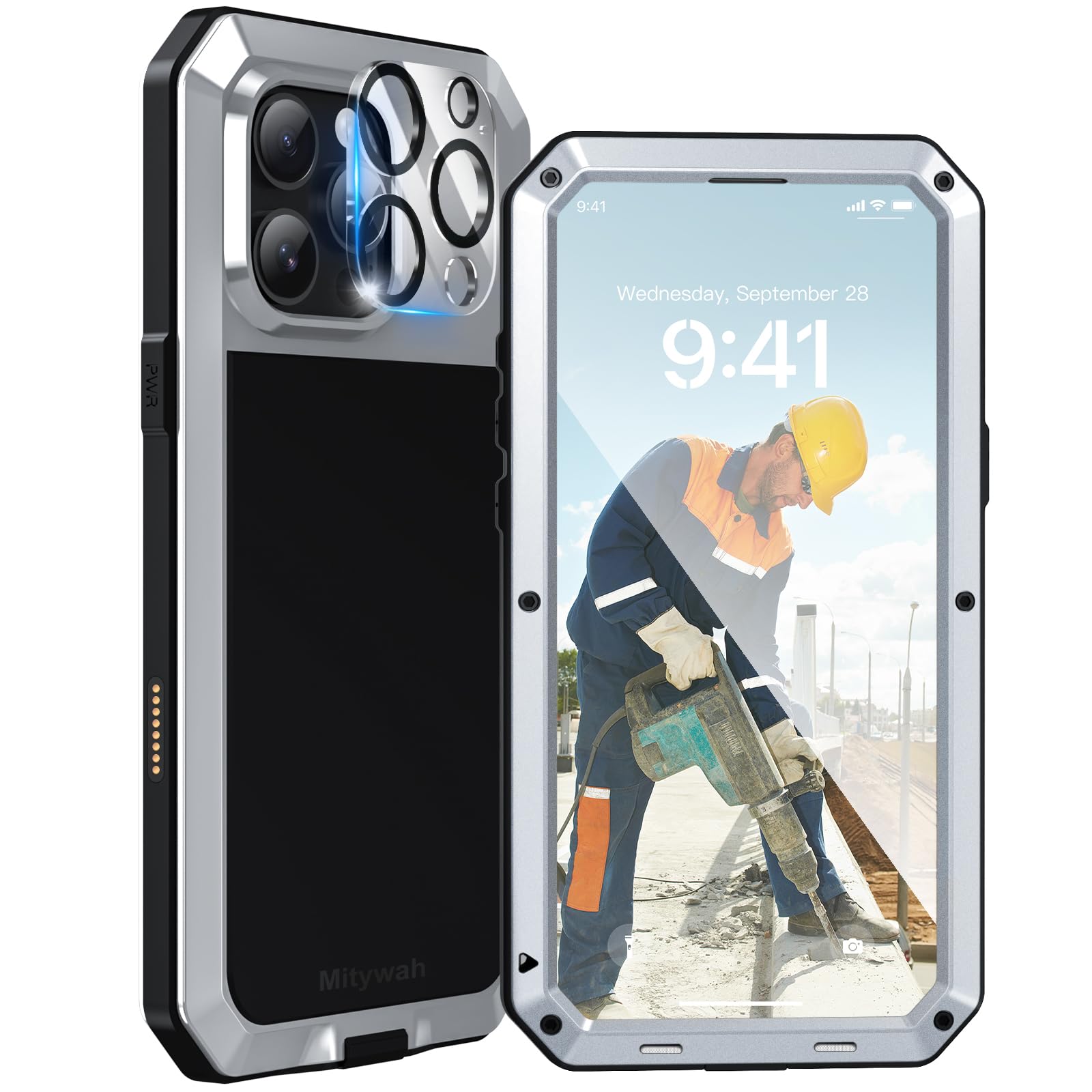 Mitywah Metal Case for iPhone 16 Pro Max, Rugged Phone Case with 9H Screen Protector Military Grade Full Body Protection Heavy Duty Dual Layer Screw