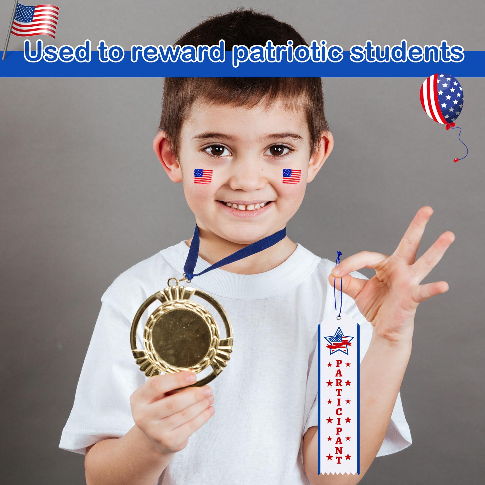 Crowye 50 Stück Teilnehmer-Auszeichnungsbänder mit Kartenschnur, patriotische Teilnahmebänder für Schulfeldtag, Bänder für Sport, Teamwettbewerb, Büro, Veranstaltung, Gedenkparty, weiß, blau und rot