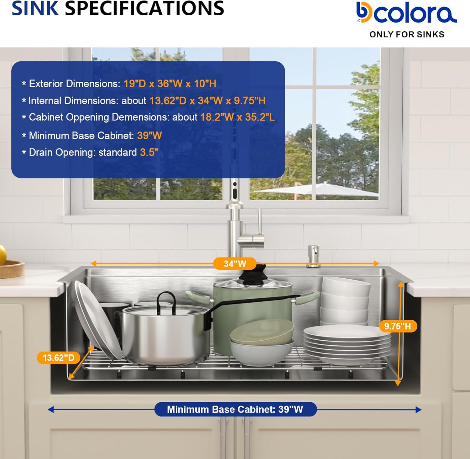 Dcolora 36 In. Drop In Kitchen Sink with Cup Washer, Stainless Steel Single Bowl Topmount Sink, Workstation with Accessories, Large Capacity for Home Kitchen, Brushed Finish