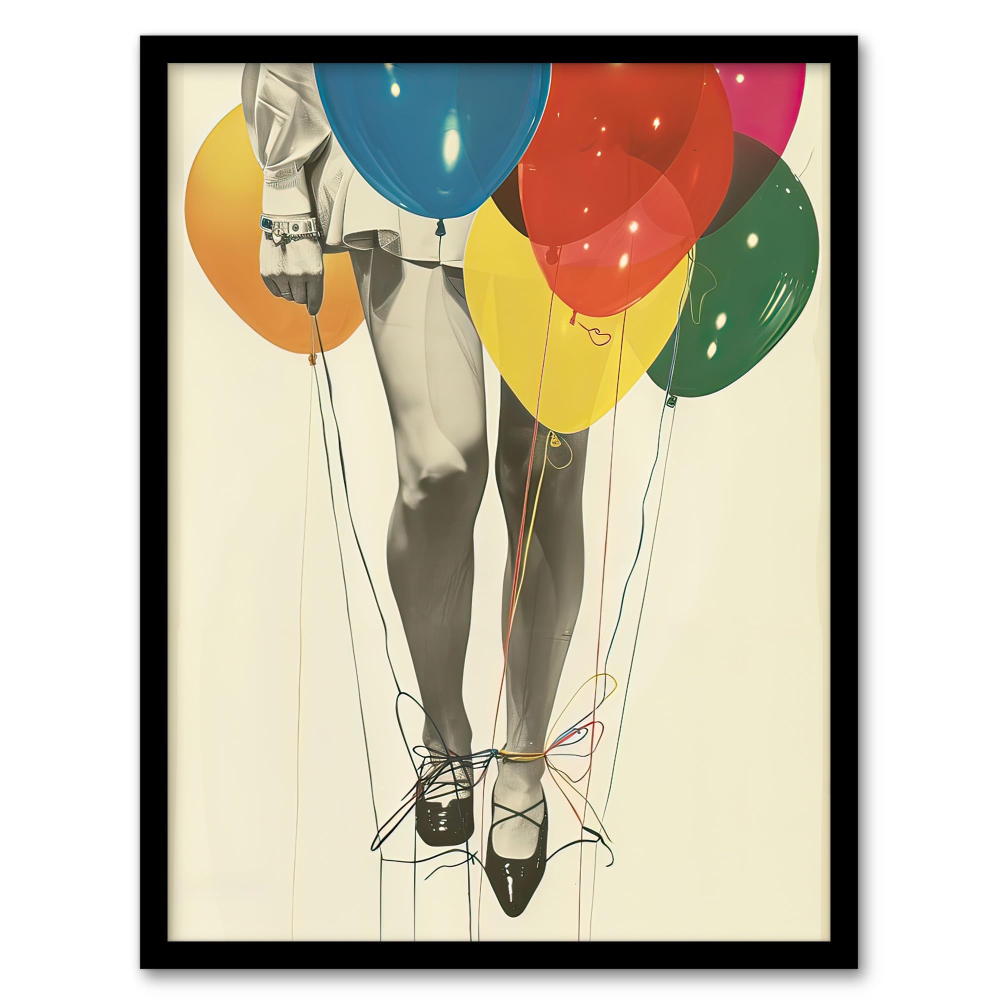 Artery8 Party Over Woman Colourful Balloons Collage Living Room Artwork Framed Wall Art Print A4