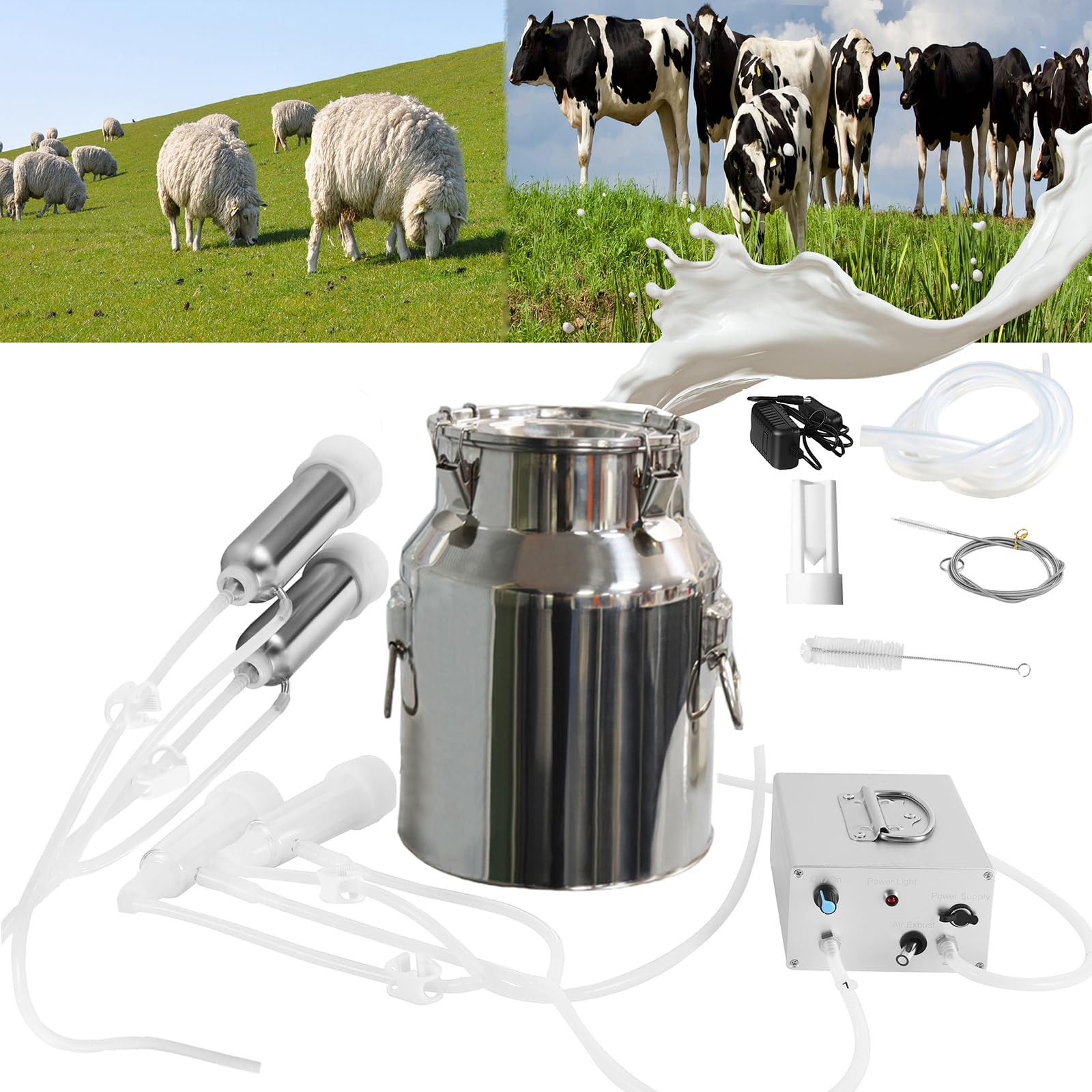 Lyfreen 13L Milking Machine for Cow and Sheep,Rechargeable Battery Automatic Pulsation Vacuum Milker Adjustable Pump,304 Stainless Steel Bucket, Portable Milker with Food-Grade Silicone Cups and Tubes
