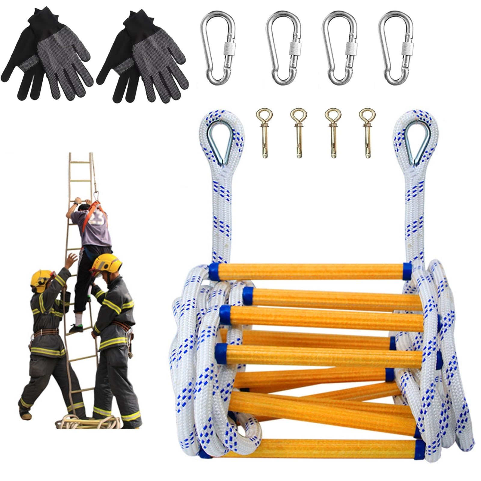 Escalera de Cuerda de Escape de Incendio 5M, Escalera de Emergencia con Mosquetón y Guantes, 200KG