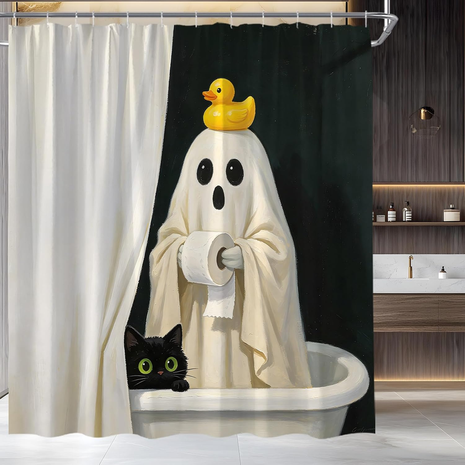 Funny Ghost Black Cat Shower Curtain Vintage Halloween Spooky Rubber Duck in Bathtub Cute Retro Fabric Bathroom Curtain Set with Hooks(70" WX70 H) image 4