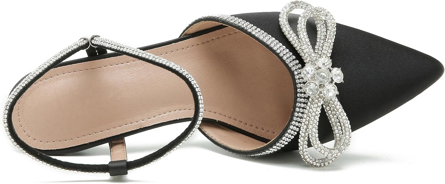 Women's Rhinstone Wedding Low Heel Slingback Kitten Heels, Adjustable Strap Pointed Toe Bow Pumps Prom Dress Shoes - Image 6