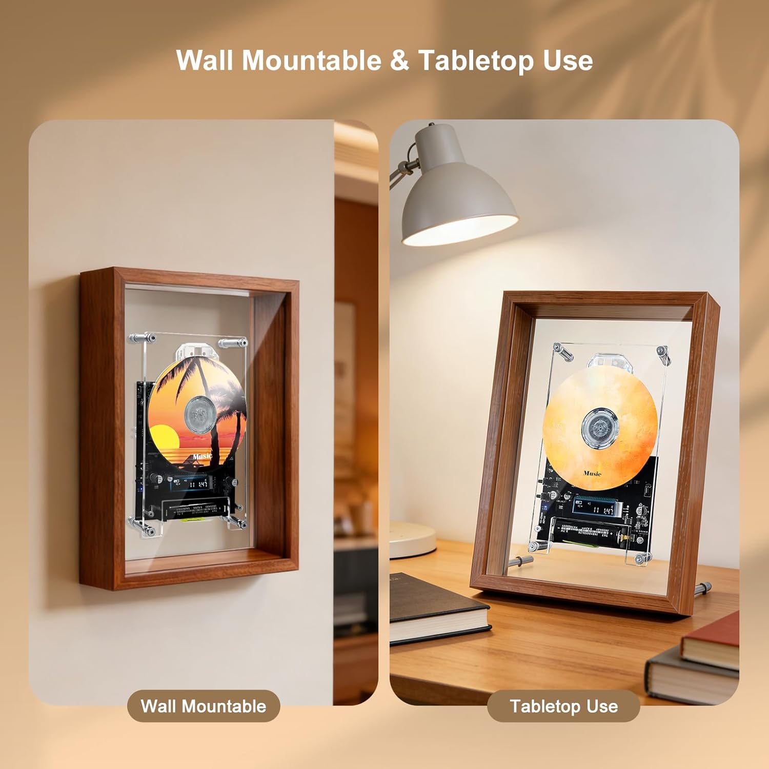 Vintage Wood Texture Frame CD Player,Log Texture,Vintage Futuristic Design,Wireless Pairing,4 Hours Battery Life,USB-C Charging Port,Desktop or Wall Mount,Gifts for All Occasions(No CD & Speaker)