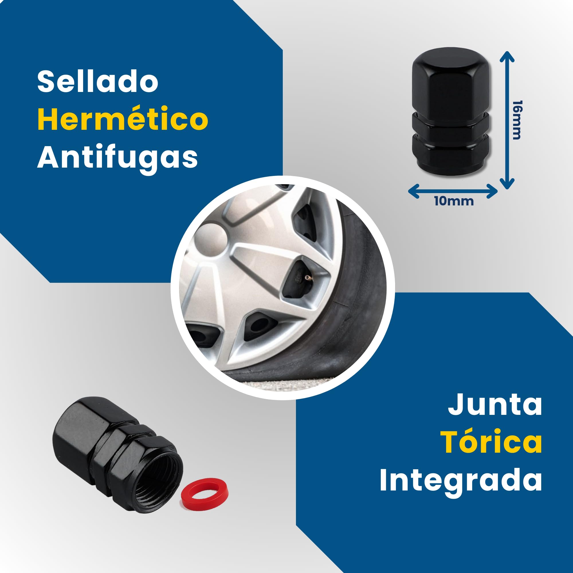 Pack de 10 Tapones para Rueda de Coche de Aluminio Negro + 2 de Regalo | Tapón Universal de Válvula para Moto, Bicicleta o Patinete | Anillo Sellador Antifugas | Diseño Elegante y Alta Resistencia — view 4