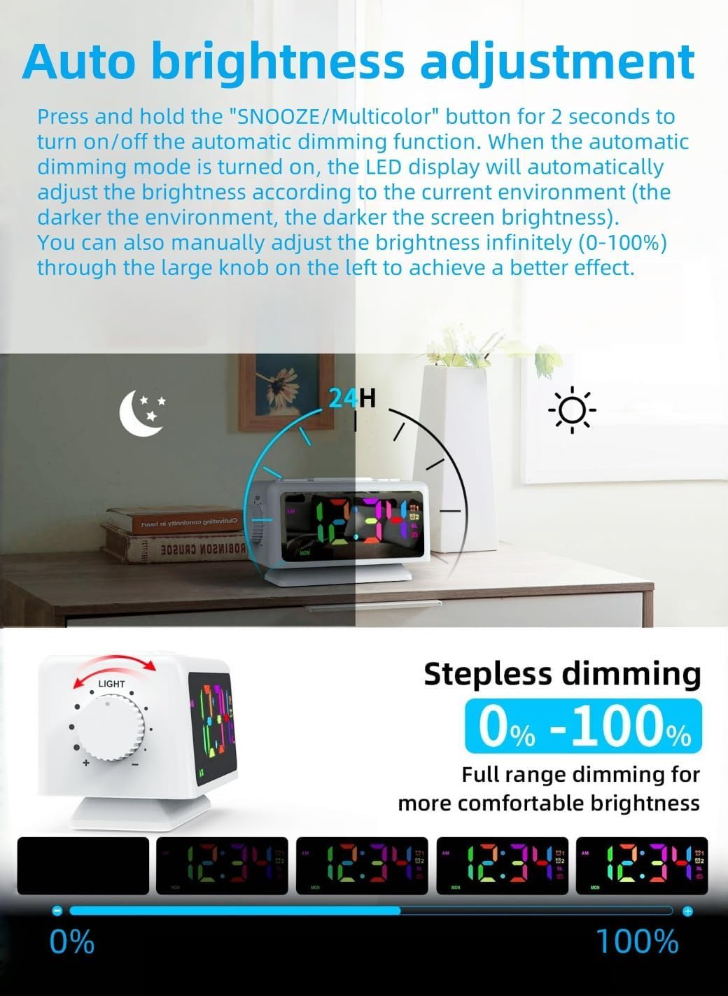 RGB Sveglia colorata Calendario perpetuo Radio FM Orologio elettronico Funzione snooze Allarmi multipli Regolazione automatica della luminosità Uscita di alimentazione USB (Black1)