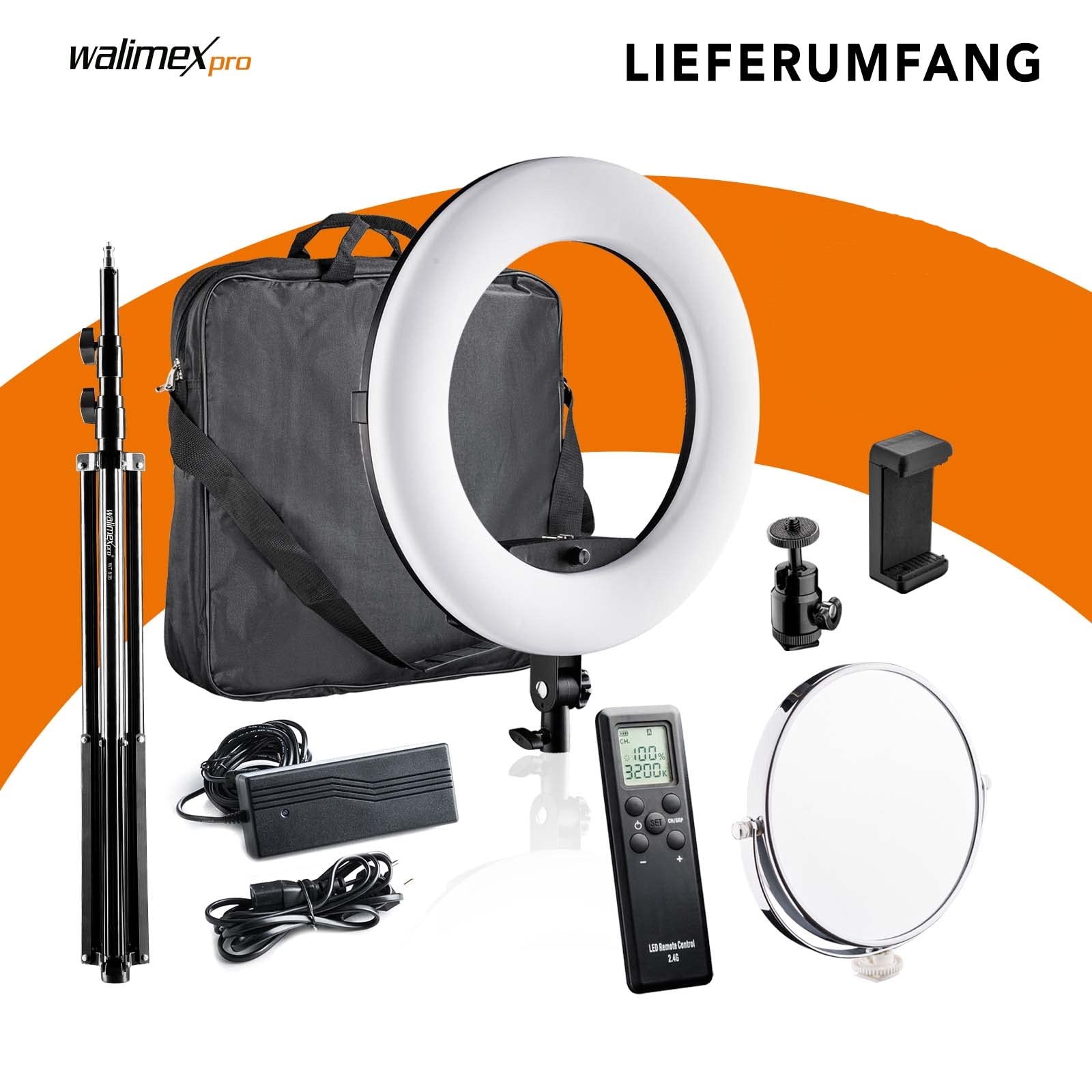 Walimex pro Medow 960 Pro Luce anulare LED incl. treppiede, luce anulare bicolore 3200-5500 K, luce video dimmerabile con telecomando 96 W, treppiede per lampada con ammortizzazione a molla