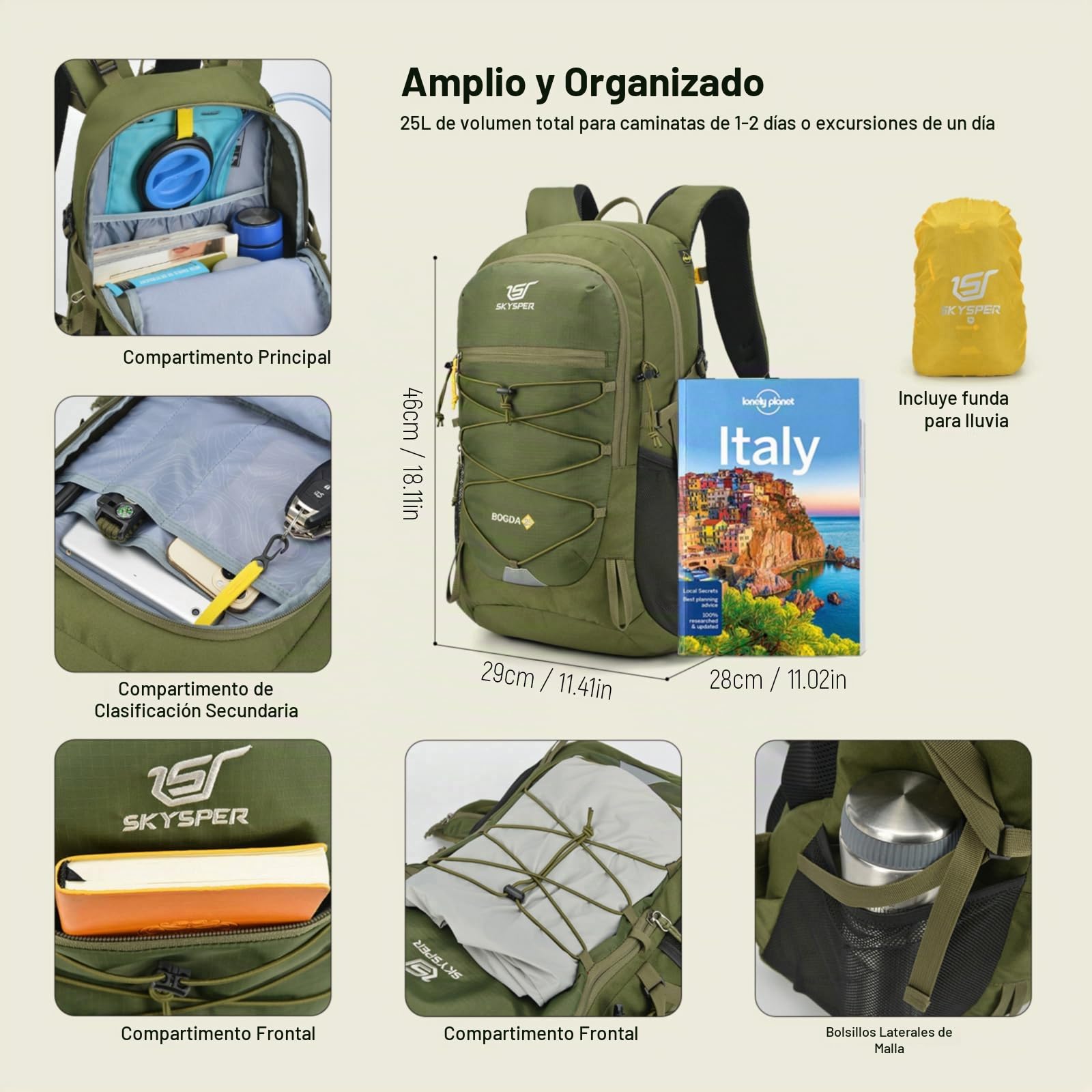 SKYSPER Mochila Senderismo 25L Mochila Montaña Pequeña | con Cubierta de lluvia para Trekking Viaje Caminhada