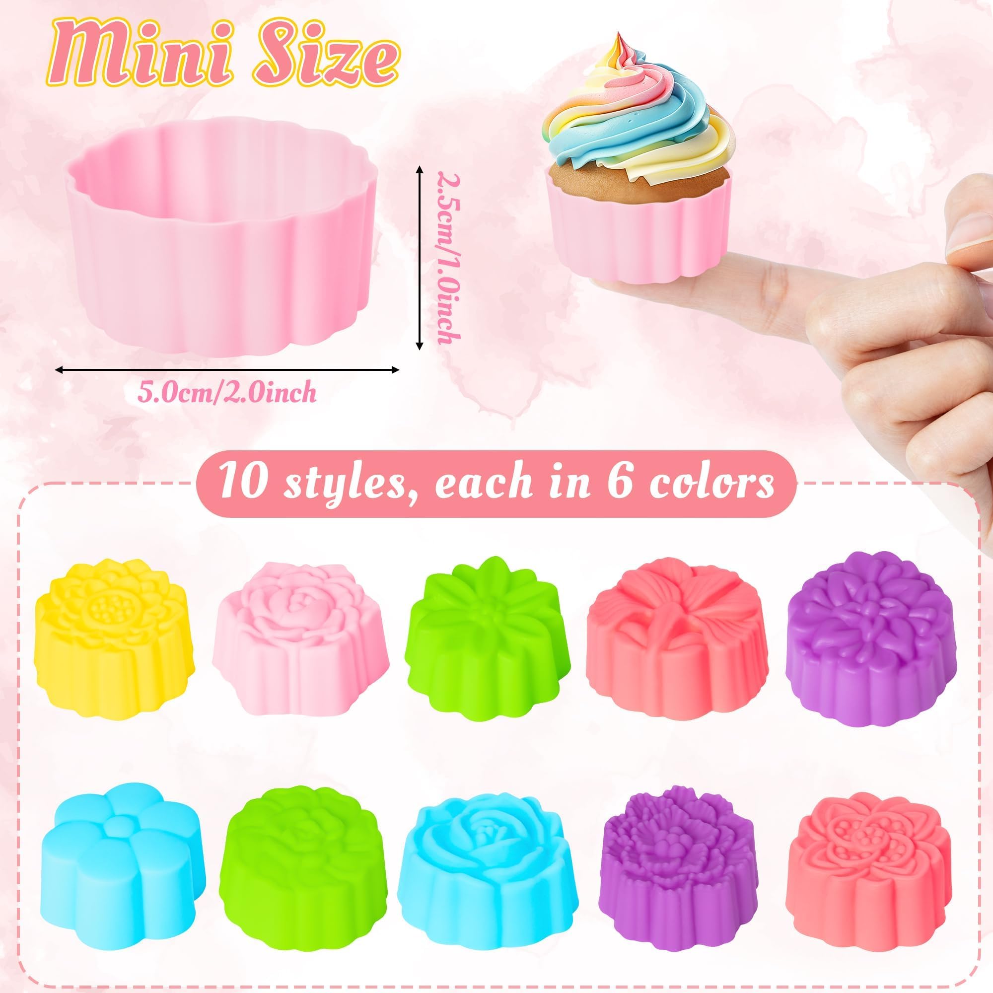 R HORSE Cupcake-Förmchen aus Silikon, bunt, Blumenform, antihaftbeschichtet, wiederverwendbar, Muffinförmchen für Pfanne, Backofen, Mikrowelle, Geschirrspüler, 60 Stück