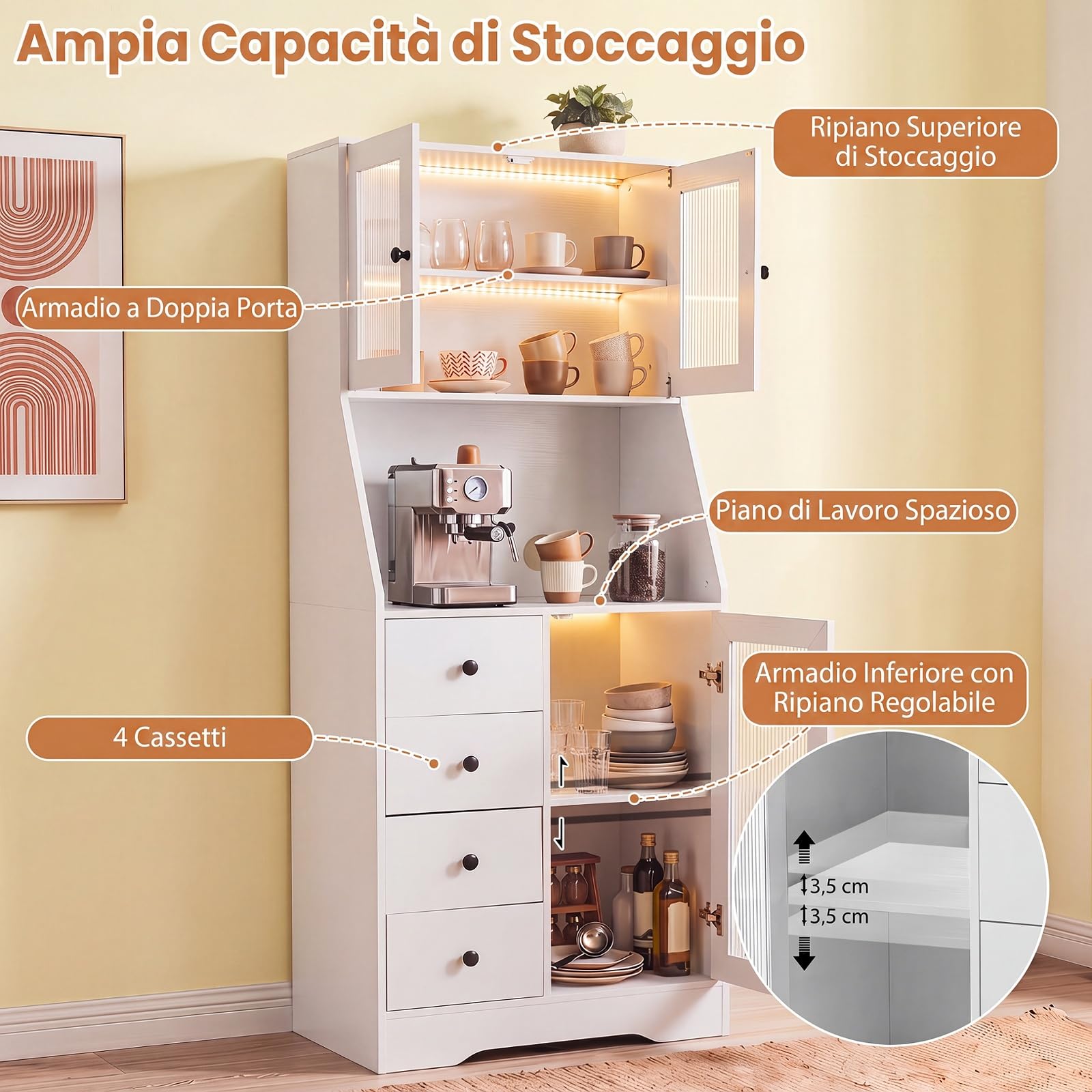 COSTWAY Credenza Alta da Cucina, Dispensa Moderna con Luci LED, Bianco