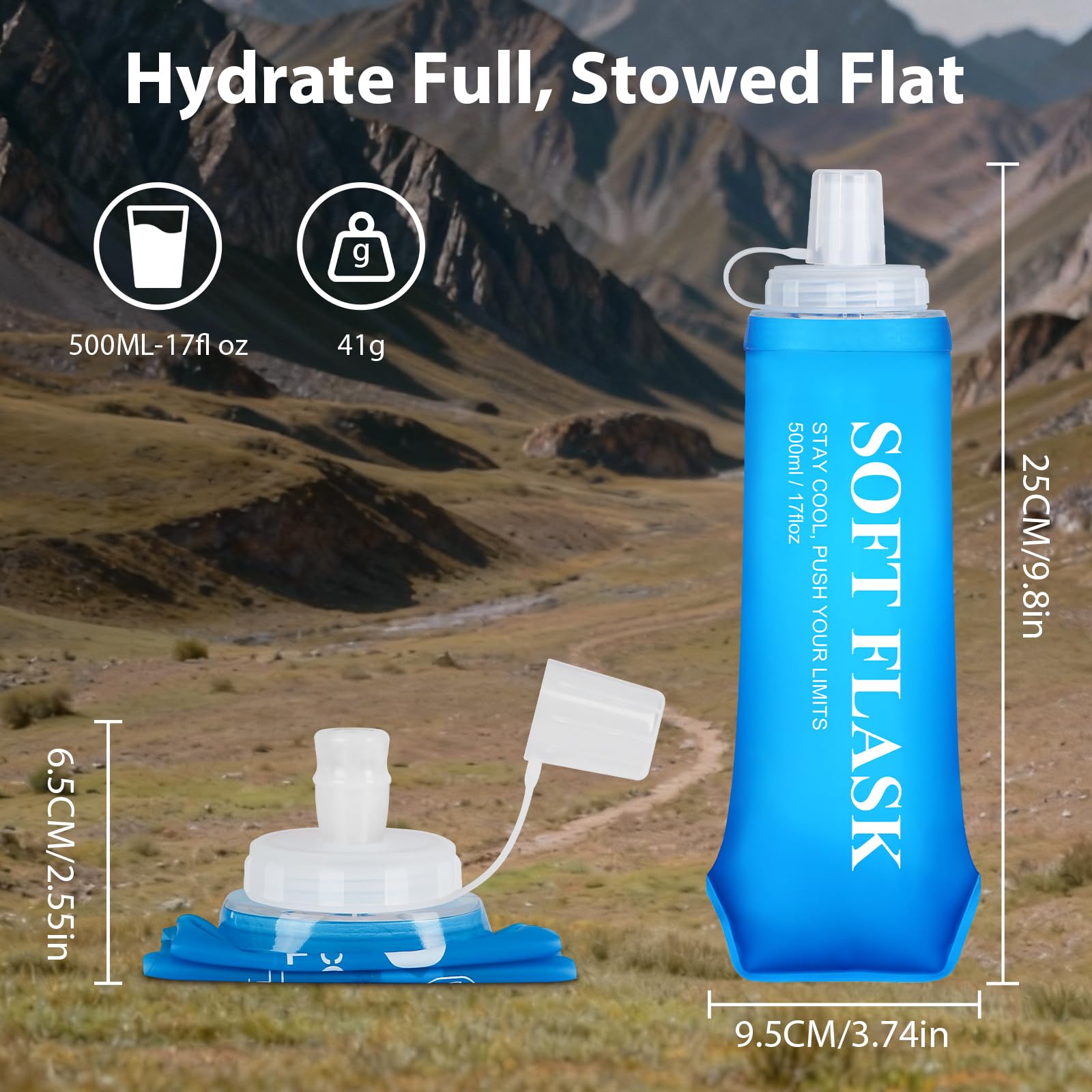 Euqvunn Borraccia Pieghevole 2 Pezzi, Borraccia Morbida 500 ml Riutilizzabile 500ml Senza BPA con Cappuccio Antileak, Pieghevole per Corsa, Escursioni, Ciclismo