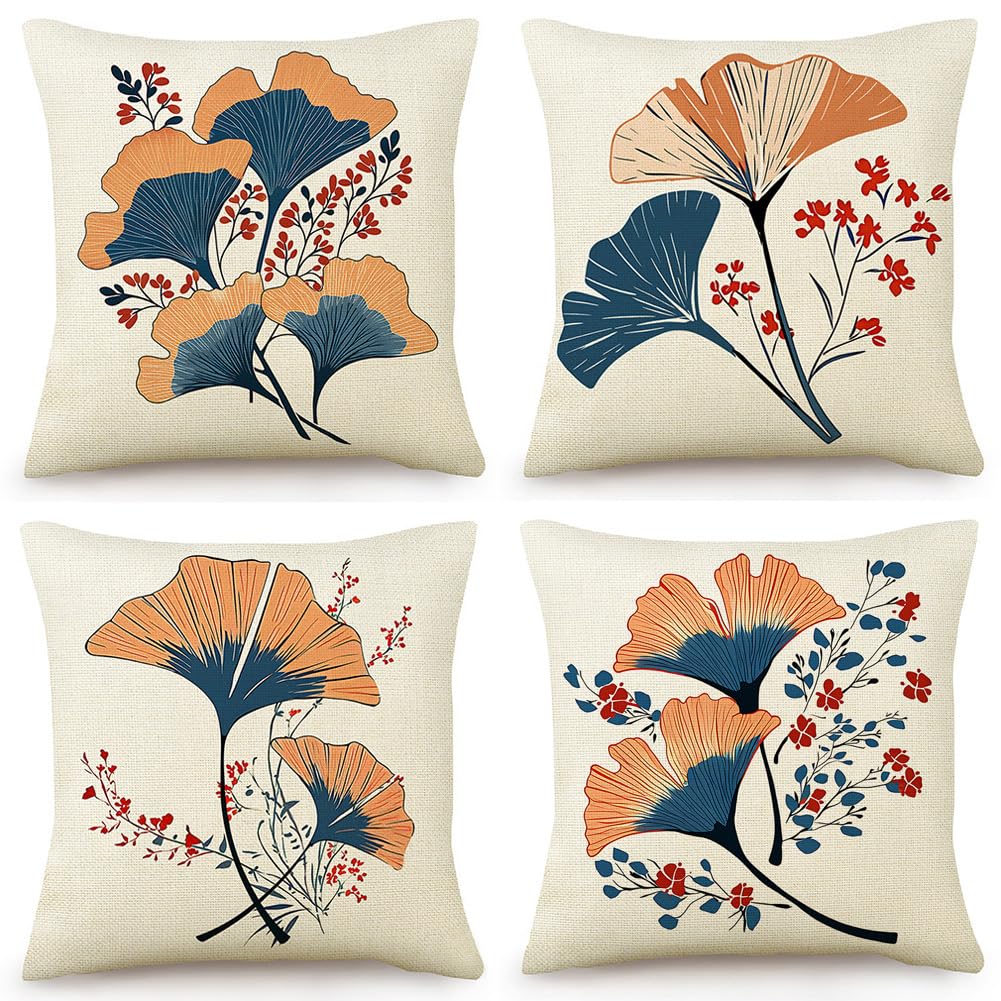 Lot de 4 housses de coussin 45x45 en lin bleu marine fleurs rouges pour lit