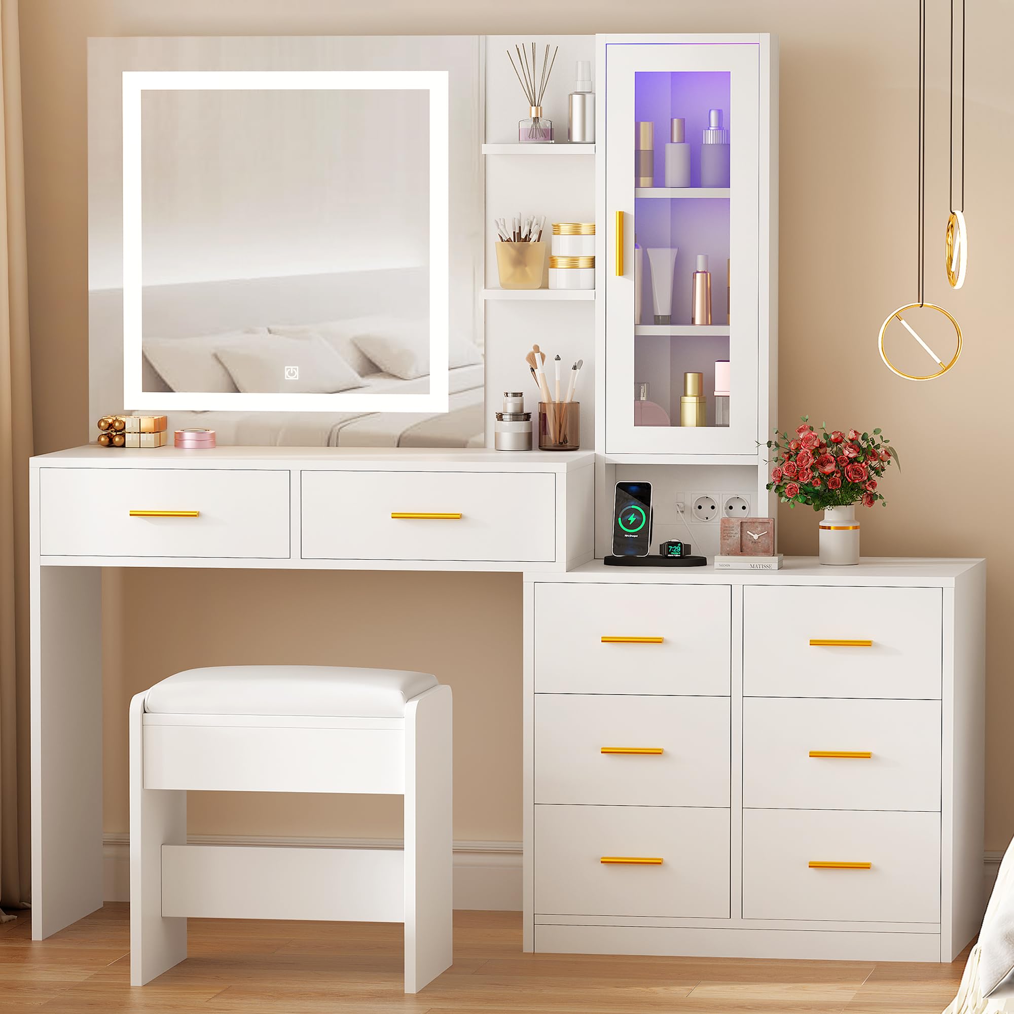 ANWBROAD Grande Coiffeuse avec Miroir et Tabouret 3 Couleurs Éclairage LED réglables et Prises 8 Tiroirs 3 Étagères Rangement Ouvertes RGB Coiffeuse Moderne Blanc 140x131x40cm BDT77W