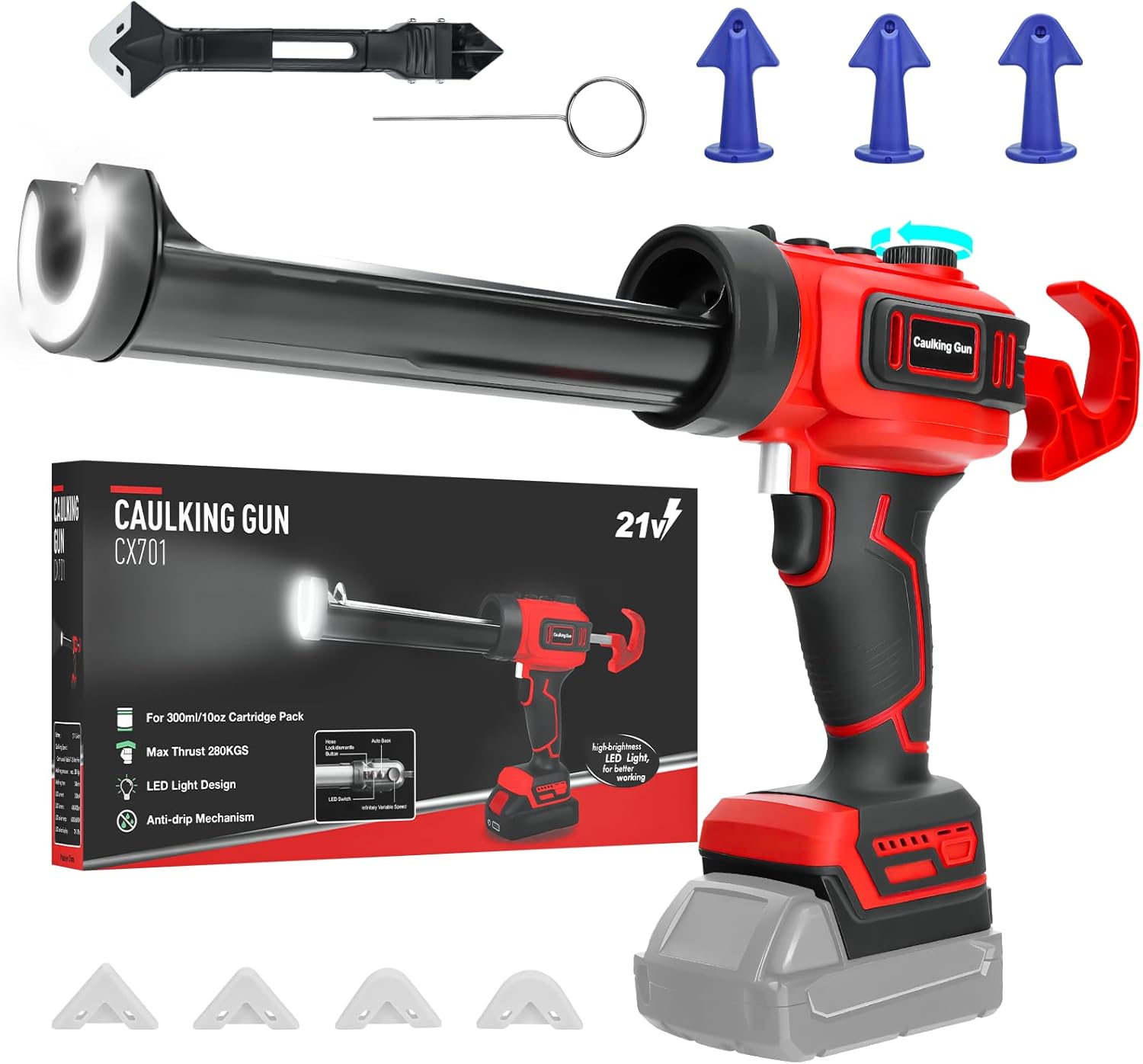 Cordless Caulking Gun for Milwaukee M18B2 Battery, Electric Caulk Adhesive Gun with 450lm LED Light,Stepless Speed,280KG Thrust Drip-free Caulk Gun,10oz/300ml Caulking Tool for Sealing(Tool Only)