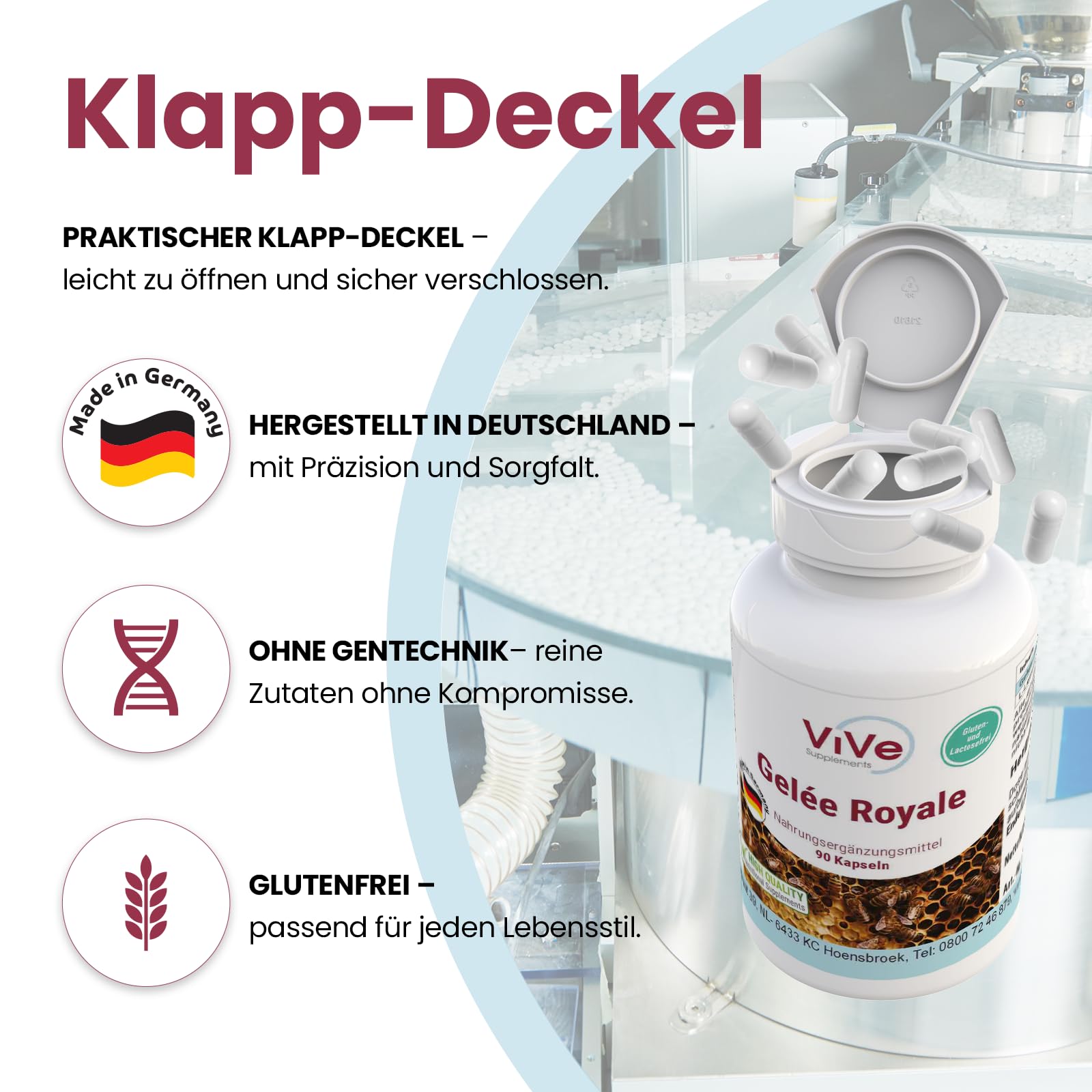 Gelée Royale 500mg - 90 Kapseln - schluckfreundlich - Standardisiert auf 4% 10-HDA - Hochwertige Qualität nach ISO-Norm - Schonend gefriergetrocknet | Qualität aus Deutschland von ViVe Supplements