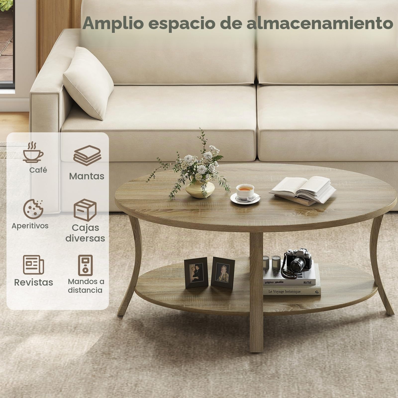 LIFEZEAL Mesa de Centro Ovalada de Madera de Caucho, Mesa de Centro de 2 Niveles con Estante de Almacenaje, Mesa Rústica para Salón, Hogar, Oficina, 111 x 60,5 x 47 cm (Natural)