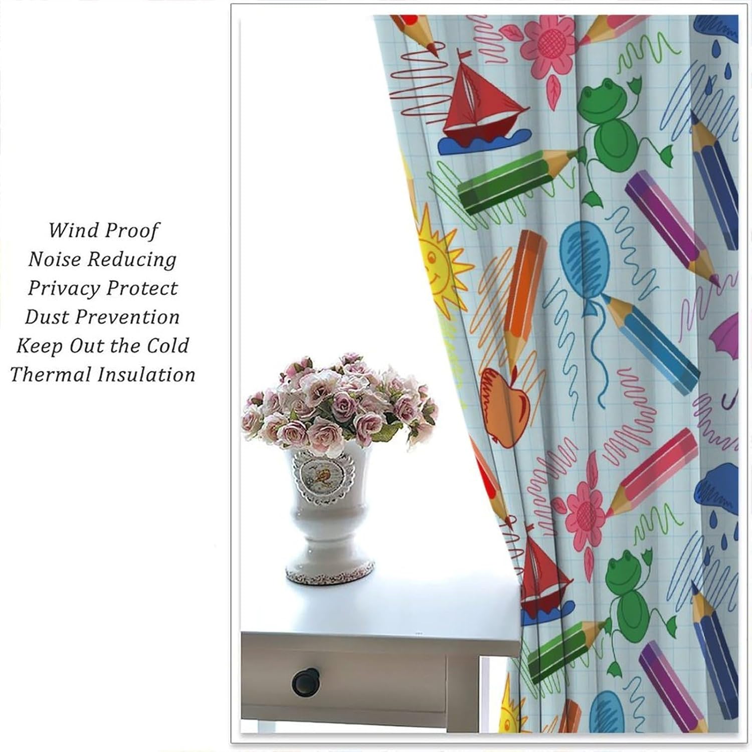 Kids Cartoon Pencil Curtains Colorful Nursery Bedroom Decor Cute Crayon Blackout Rod Pocket Curtain for Child Girls Playroom Funny Art Printed Living Room Window Drapes 2 Panel Set 42x63in