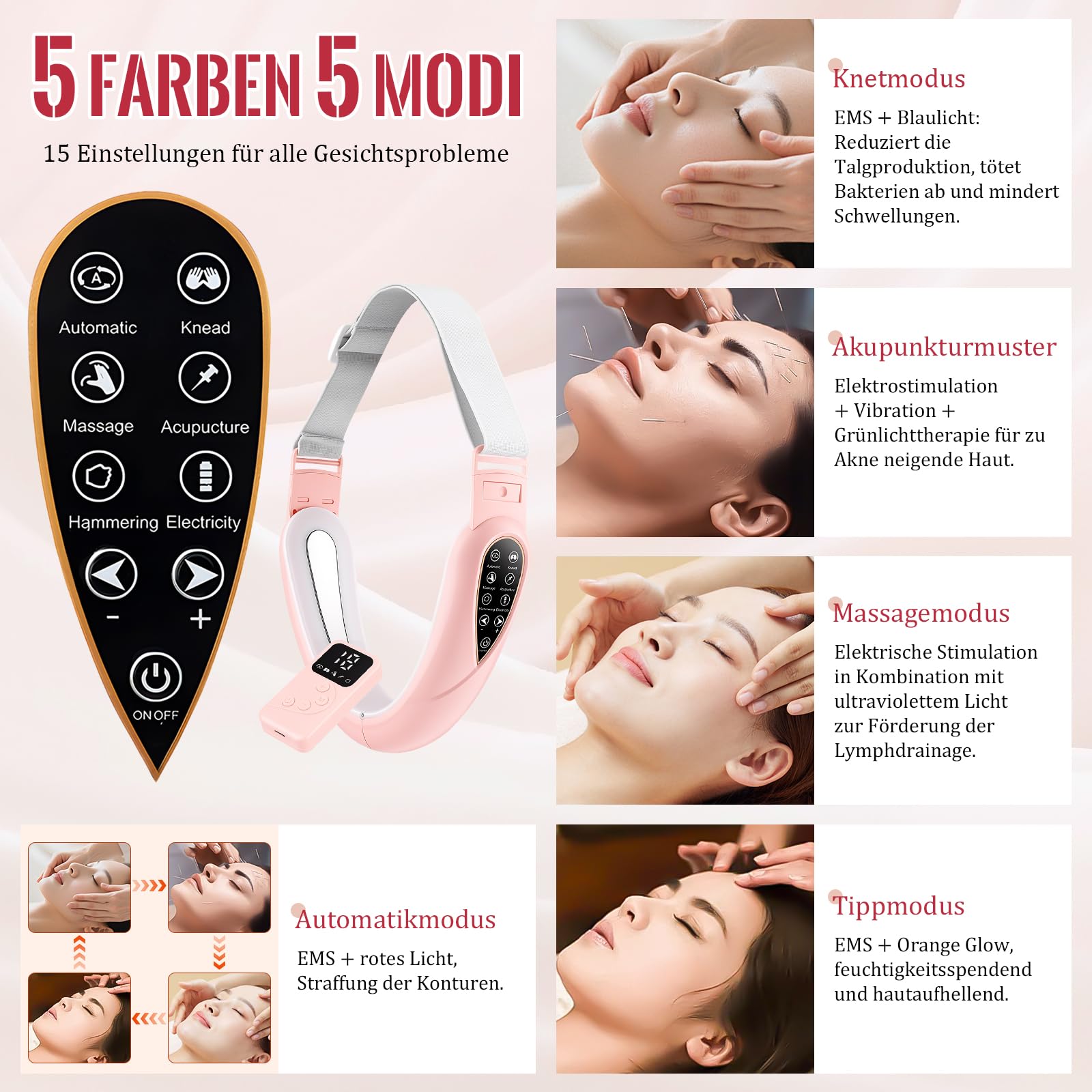 Elektrisches V-Face Shaping Massager,doppelkinn entferner 15 Intensitätsstufen 5 EMS Modi 5 Farben Phototherapie Gesichtsmassagegerät Gegen Falten Face Massager mit Fernbedienung, Typ-C