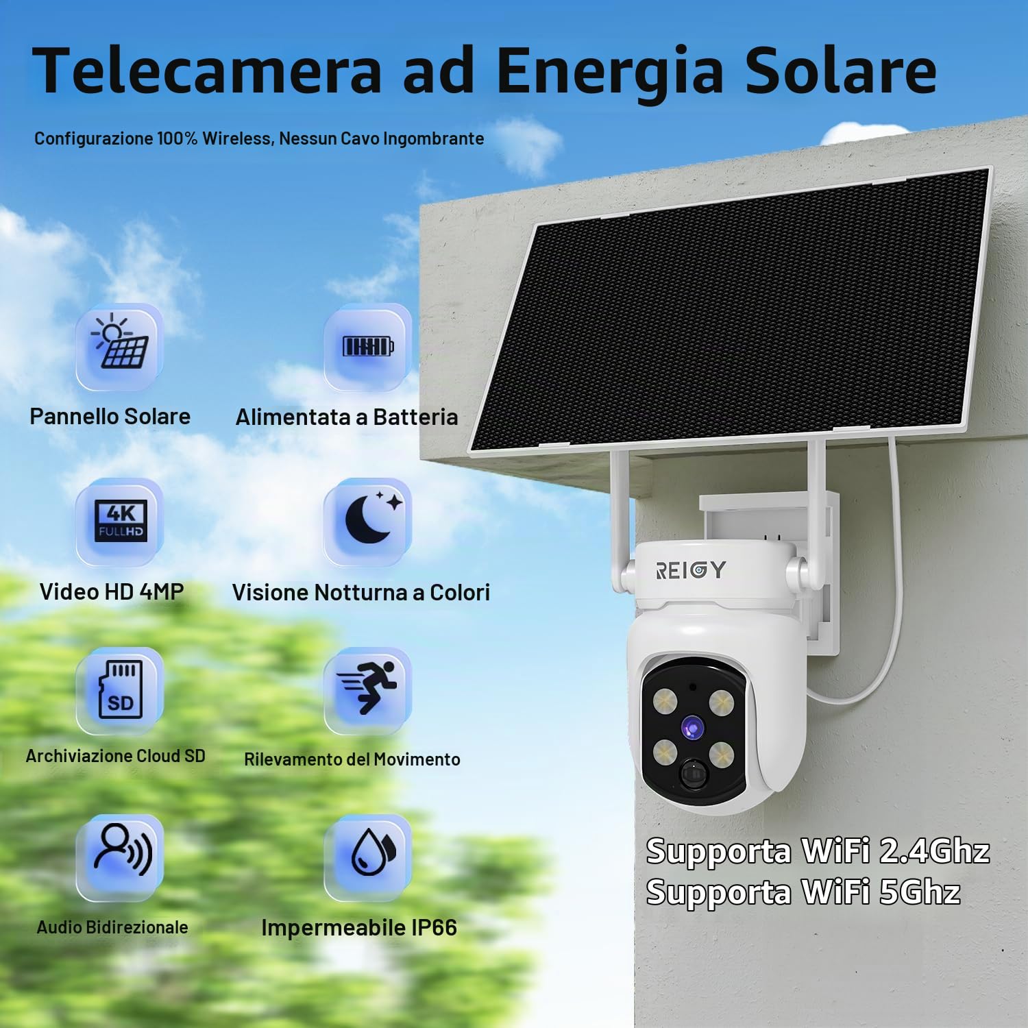 REIGY 4MP Telecamera WIFI Esterno Batteria Senza FIli, 360° Videocamera Sorveglianza con Pannello Solare, Rilevazione di Movimento PIR, Audio a 2 Vie, IP65, Supporto 2,4GHz/5GHz