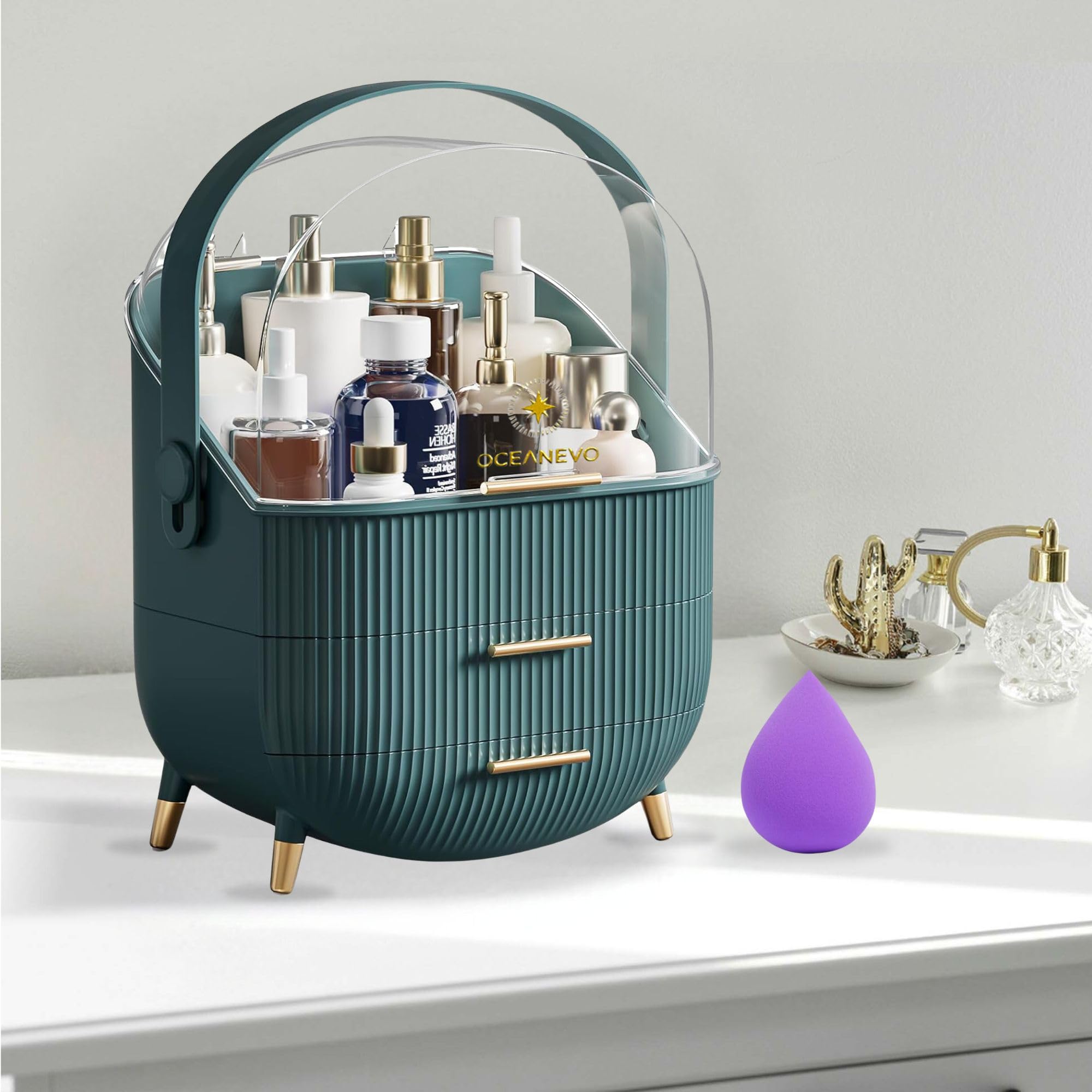 Cosmetic Makeup Organizer Box for Women with Makeup Sponge, Dressing Table Organizer with Drawer for Storage of Skincare, Perfume, Lipstick - 36 Cm x 27 Cm x 17 Cm - Model 2 - Dark Green