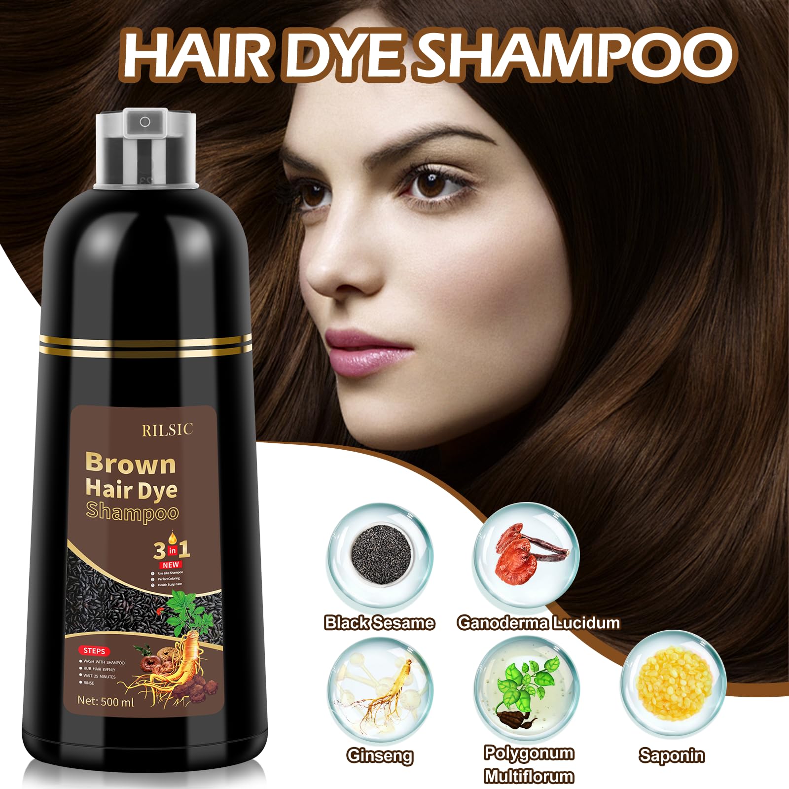 500ml Champú Color Castaño Claro，Hair Dye Shampoo para Teñir Canas Mujer Negro,Champú para Cabello Negro Instantáneo Champu Colorante Tinte para Hombre y Mujer