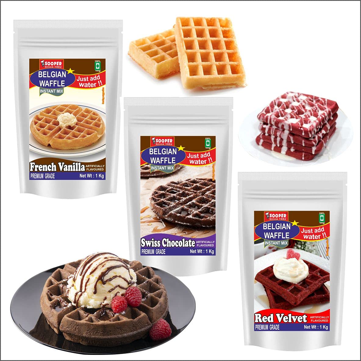 Sooper Sweet Vanilla-Chocolate-Red Velvet Belgian Waffle Premix, 1 kg Each (Pack of 3)