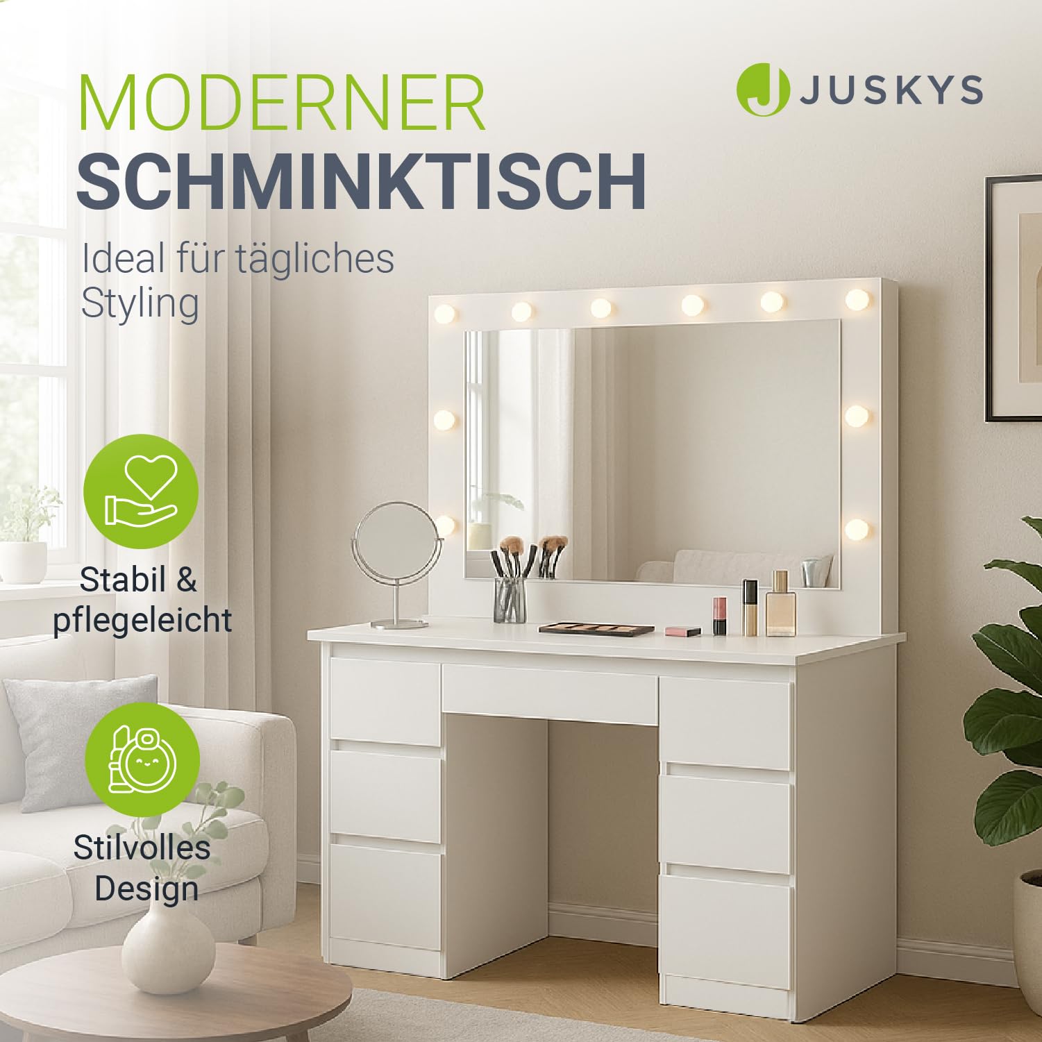 Juskys Toeletta Lilia con specchio LED, 7 cassetti, 3 livelli di luce, molto spazio, design moderno, compatta e facile da pulire per il trucco – Bianco