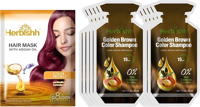 Herbishh Hair Color Shampoo 10 Sachet +1 Argan Hair Mask Pouch | 3 in 1 Hair Dye | PPD Free | Easy to Use | Available in 6 Colors | Long Lasting Hair Color Golden Brown