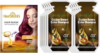 Herbishh Hair Color Shampoo 10 Sachet +1 Argan Hair Mask Pouch | 3 in 1 Hair Dye | PPD Free | Easy to Use | Grey Wrap | Travel Size | Available in 6 Colours | (Golden Brown)