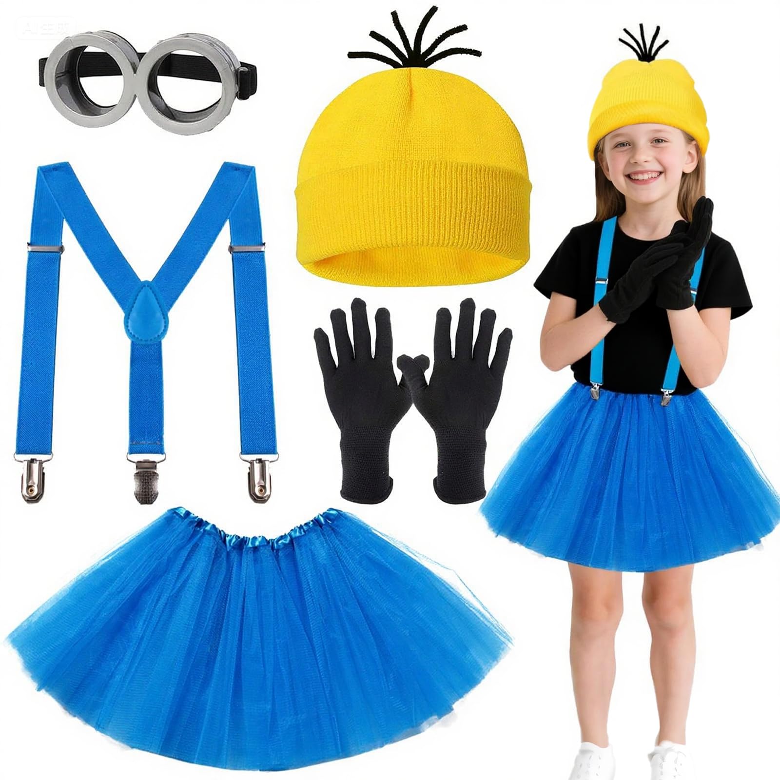 AffeGifts Yellow Costume for Kids, Yellow Outfit Child Set Including Steampunk Goggles Glasses Beanie Knit Hats Black Gloves for Halloween Girls Boys Costume Cosplay Party Supplies (Girl)