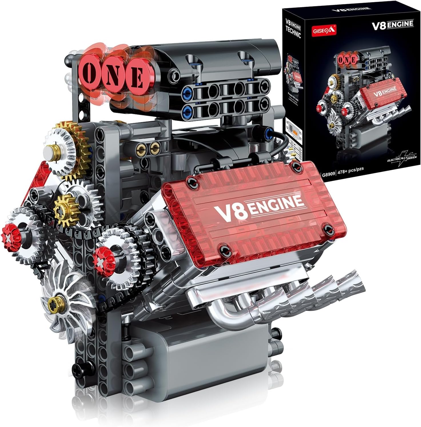 OCES V8 Engine Building Set — Mini V8 Engine Kits That Runs 478 PCS Working V8 Model Kit with Motor & Battery Box, Visible Pistons & Moving Crankshaft, STEM Engineering Project for Kids Teens Adults