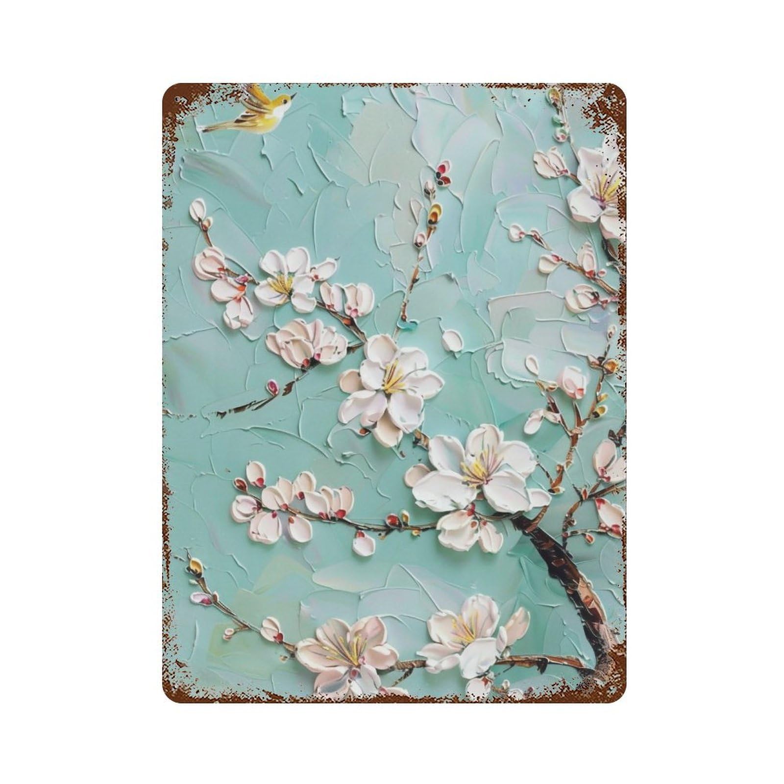 WUJHGRSG Impasto Teal Background White Blossom Twig & Flying Bird 03 Wall Art Retro Iron Vintage Metal Tin Sign Poster Modern Decor for Home Cofffee Club Bar Shop Style 40x30cm