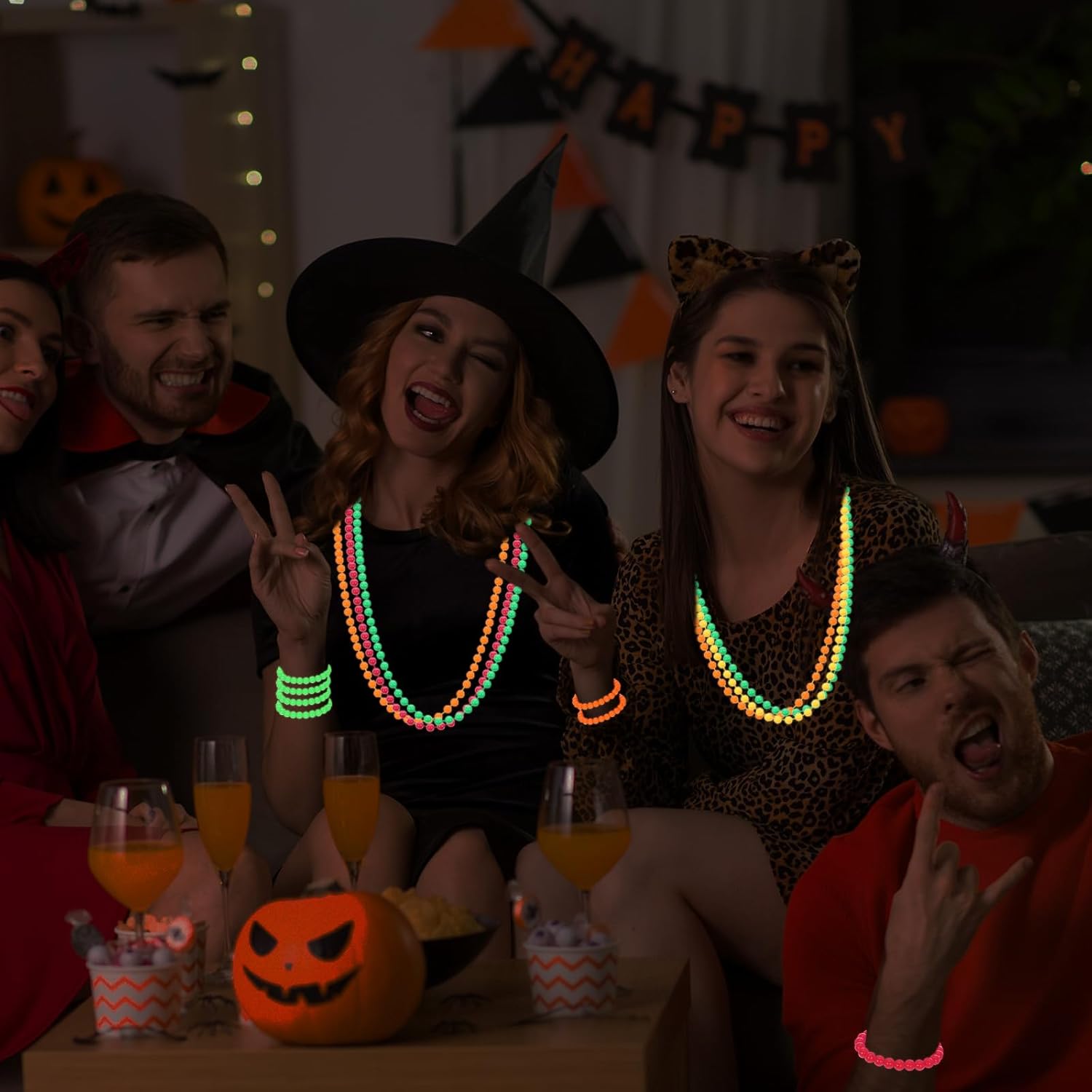 64 Pcs Glow Necklaces & Bracelets Neon Bead Necklace 80s UV Black Light Neon Accessories Glow in the Dark Necklaces Bracelets Party Supplies for Birthday Wedding Halloween Mardi Gras Carnival