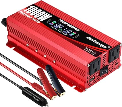 1000W/2000W(Peak) Car Power Inverter DC 12V to 110V/120V AC Converter with LCD Display Dual AC Outlets and Dual USB Car Charger for Car Home Laptop Truck Red