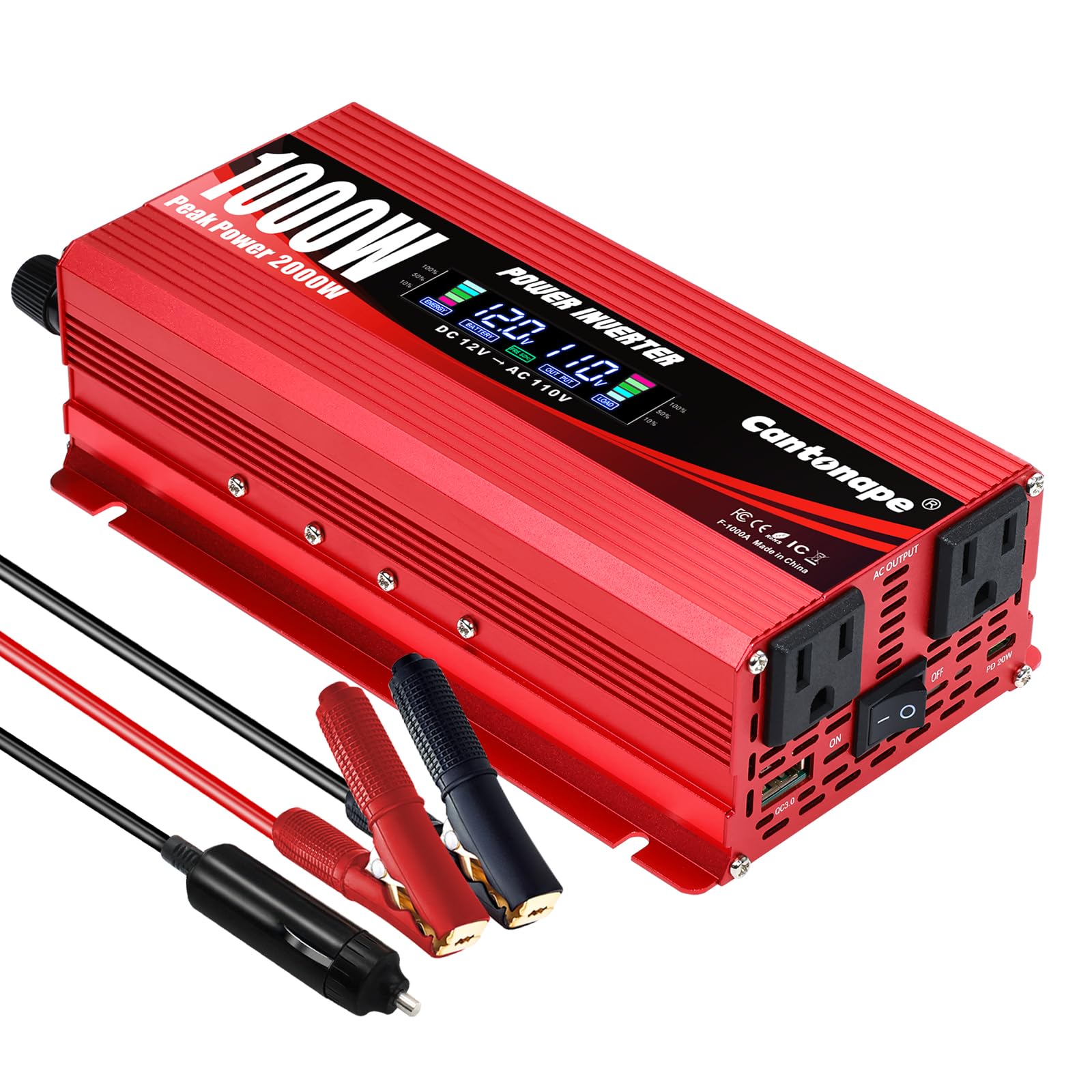 Cantonape 1000W/2000W(Peak) Car Power Inverter DC 12V to 110V AC Converter with LCD Display Dual Outlets and 2A USB Charger for Home Laptop Truck