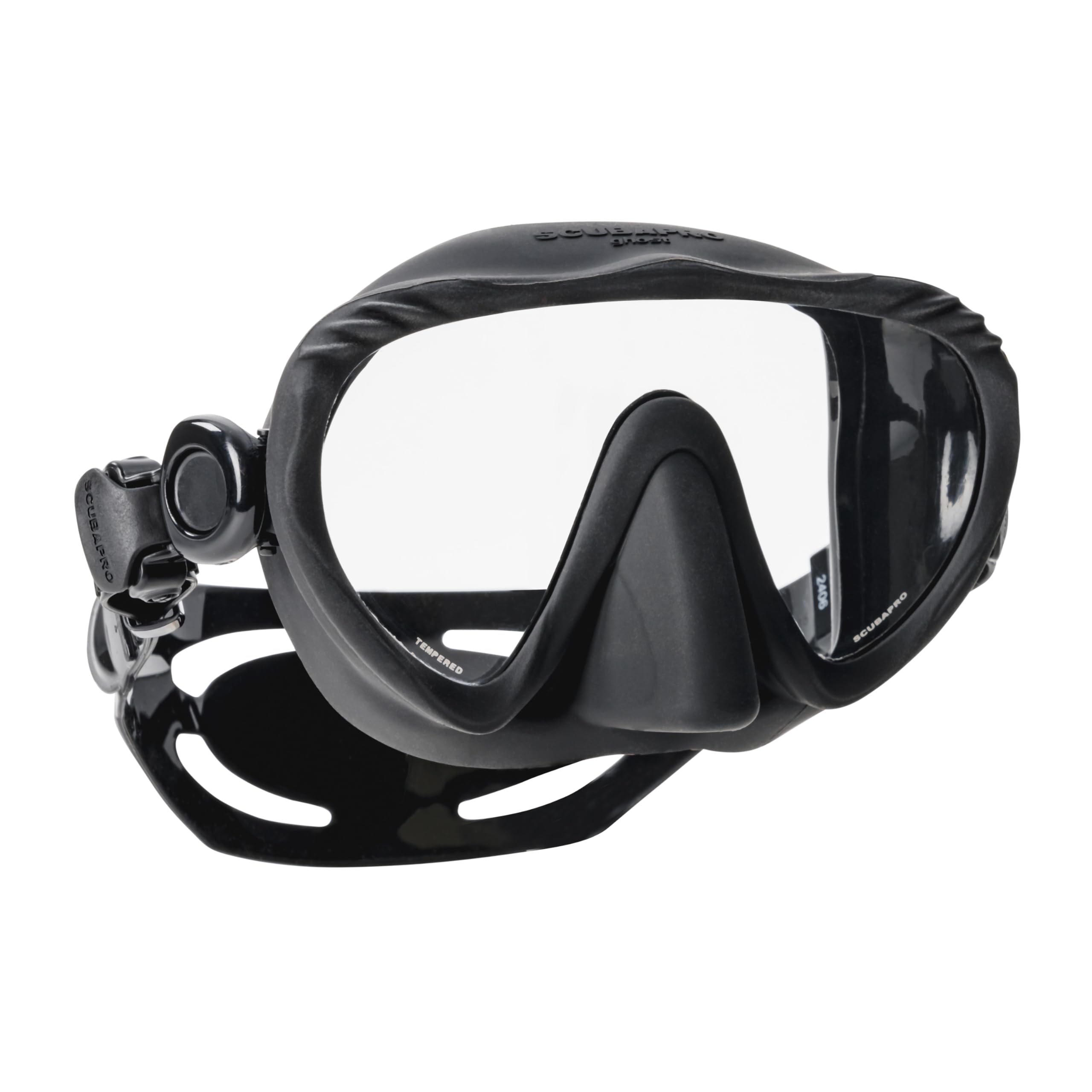SCUBAPRO Ghost Scuba Dive Mask, Low-Volume Frameless Design w/Ultra Clear Single Lens, Silicone Skirt and Easy-Adjust Strap Buckles, Black