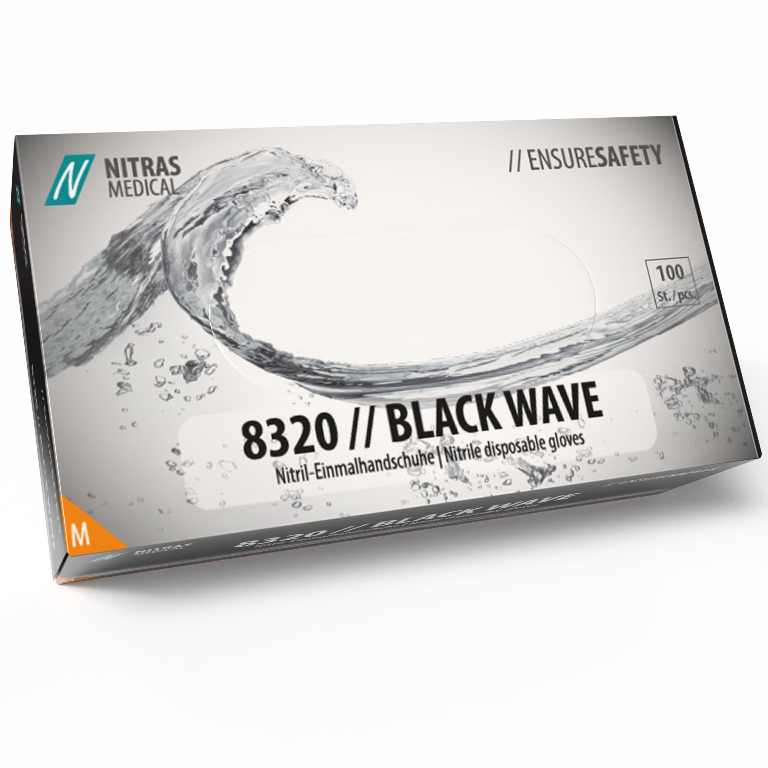 Nitras 8320 BLACK WAVE – Schwarze Nitril-Einmalhandschuhe, medizinisch, lebensmittelgeeignet, puderfrei & latexfrei, 100 Stück im Spenderkarton, Größe M