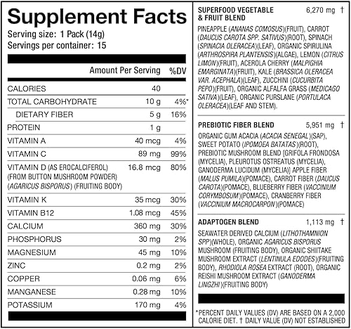 Miniatura 7 de Laird Superfood Prebiotic Daily Greens Powder - Paquete de 15 sobres individuales - Vitaminas y minerales esenciales - Fibra, adaptógeno y frutas,