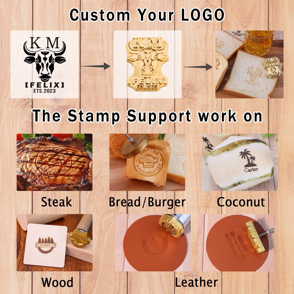 Custom Logo Wood Branding Iron – Leather & Wood Stamp With Handle, BBQ Heat Stamp, Includes Wooden Box - View #9
