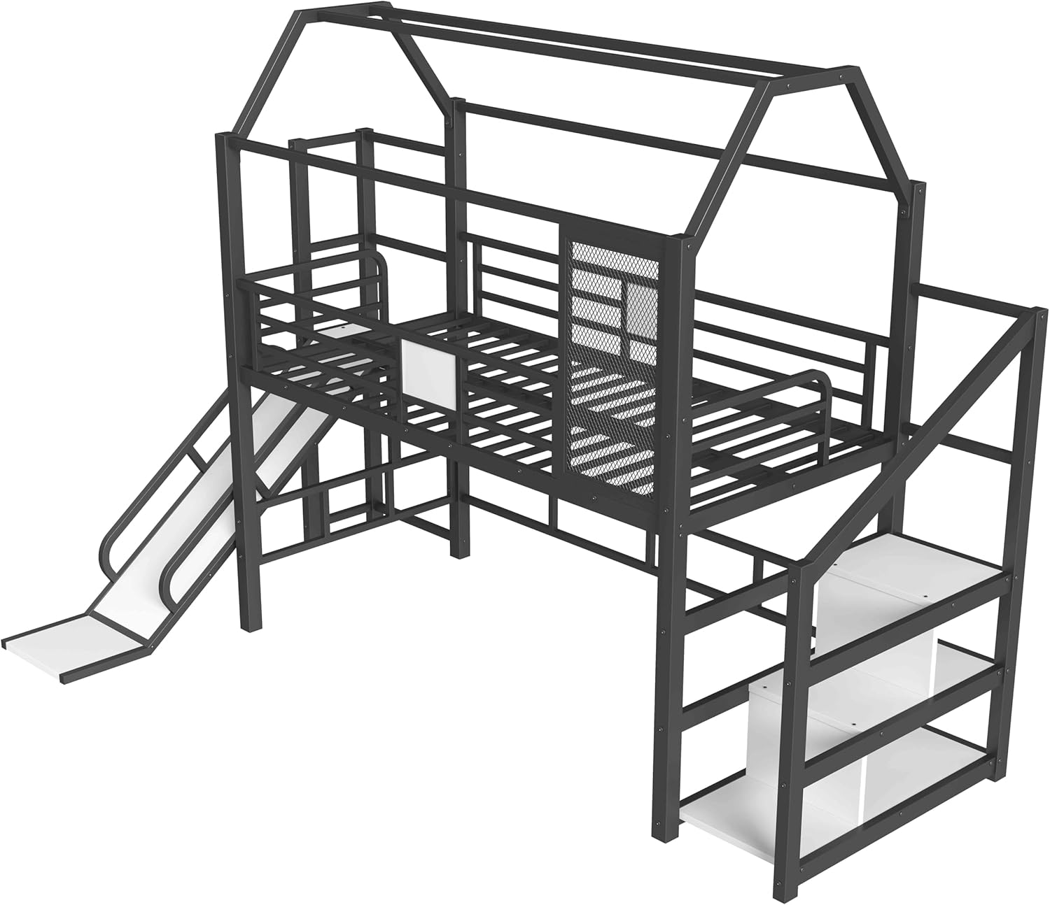 Playhouse Loft Bed Twin Size with Slide and Storage Stairs for Boys Girls, Heavy Duty Metal Loft Bed with Roof and Storage Shelves for Kids Teens, Under-Bed Space and Noise-free Design, Black