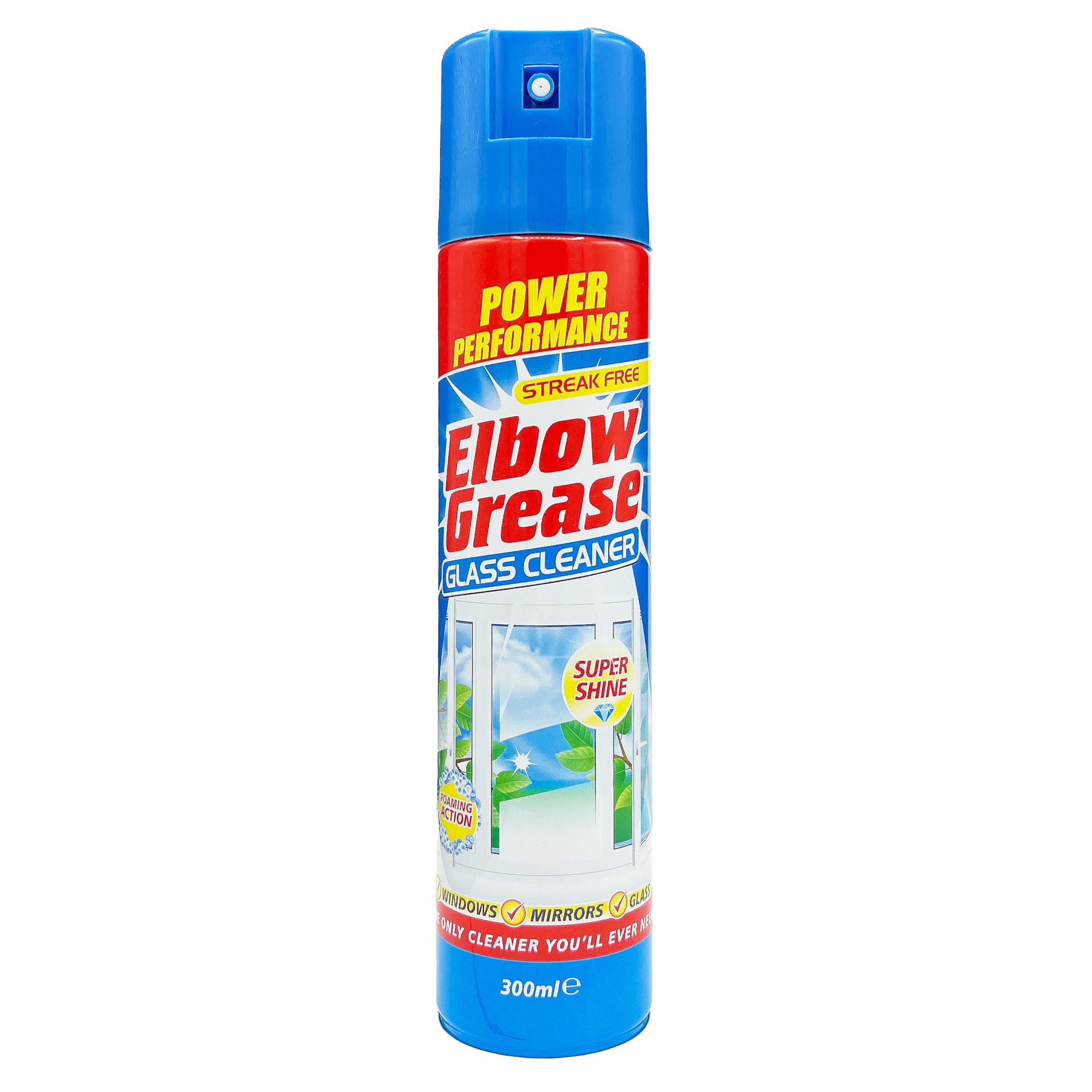 Elbow Grease Glass Cleaner Aerosol - Super Shine, Foaming Action | Cleans Windows, Mirrors, Glass - Streak Free (300ml)