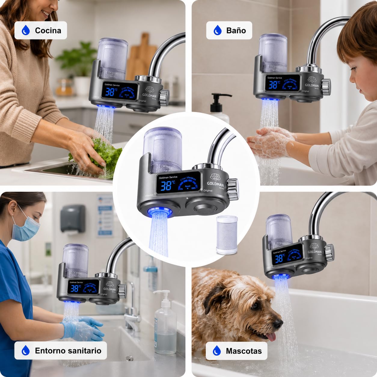 GOLDMAN SERVICE Filtro Purificador de Agua para Grifo con Pantalla Digital, Indicador de Temperatura en Tiempo Real, Filtro de Repuesto Incluido y 6 Adaptadores Universales